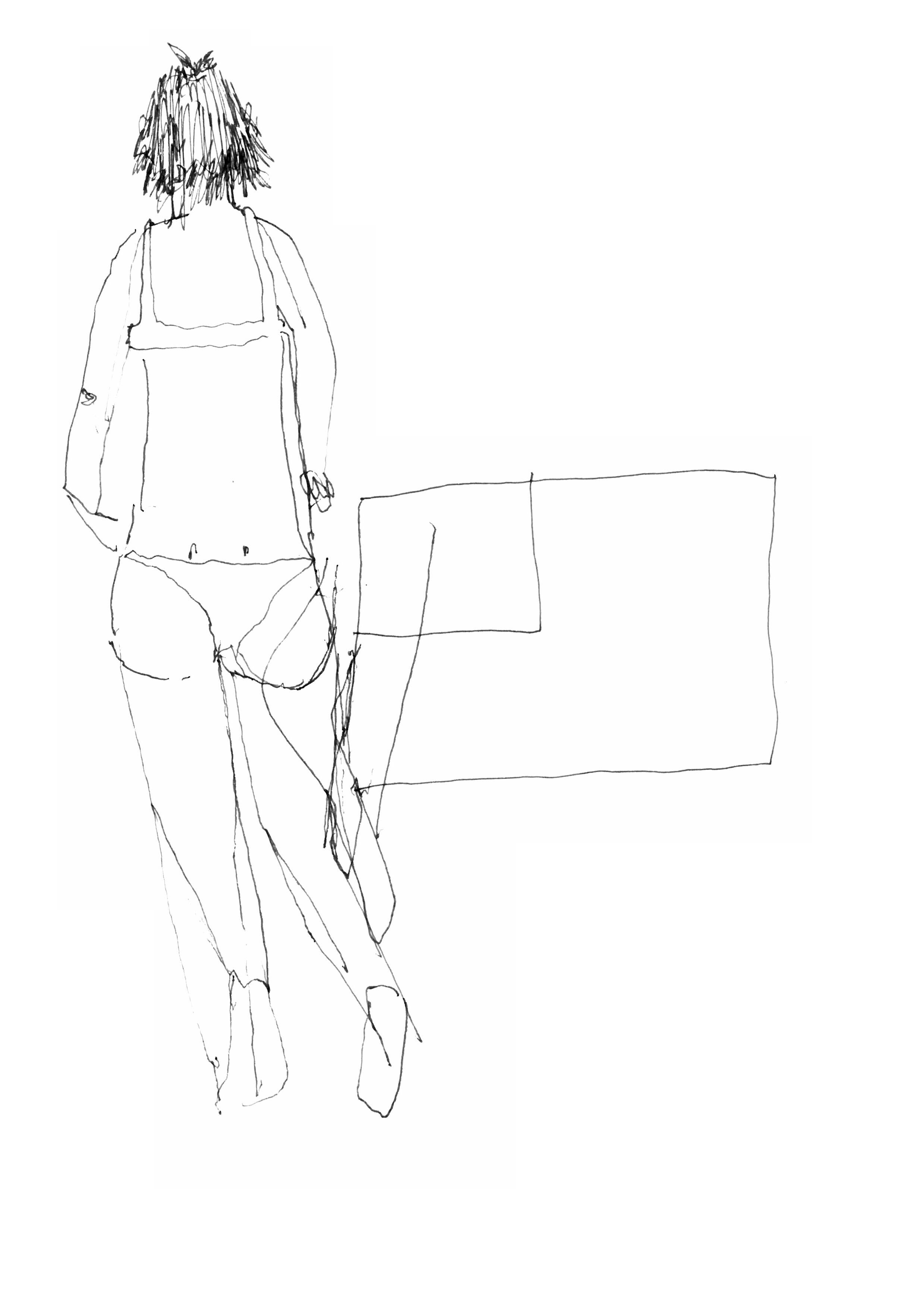 drawing with a thin pen of a woman wearing a bikini walking towards an American flag in the background