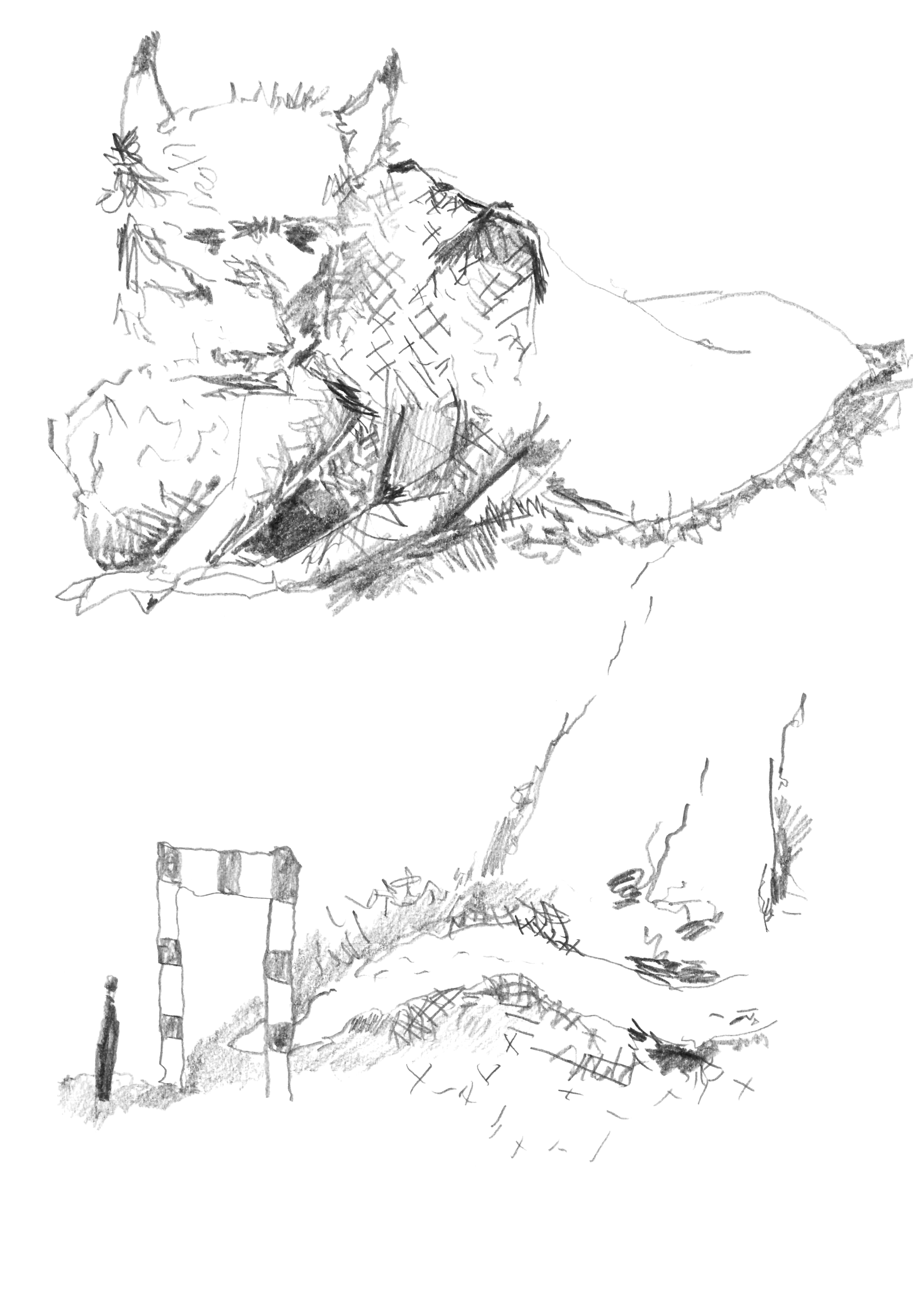 pencil drawing of a menacing creature with horns lying above a river with a gate below leading to a river