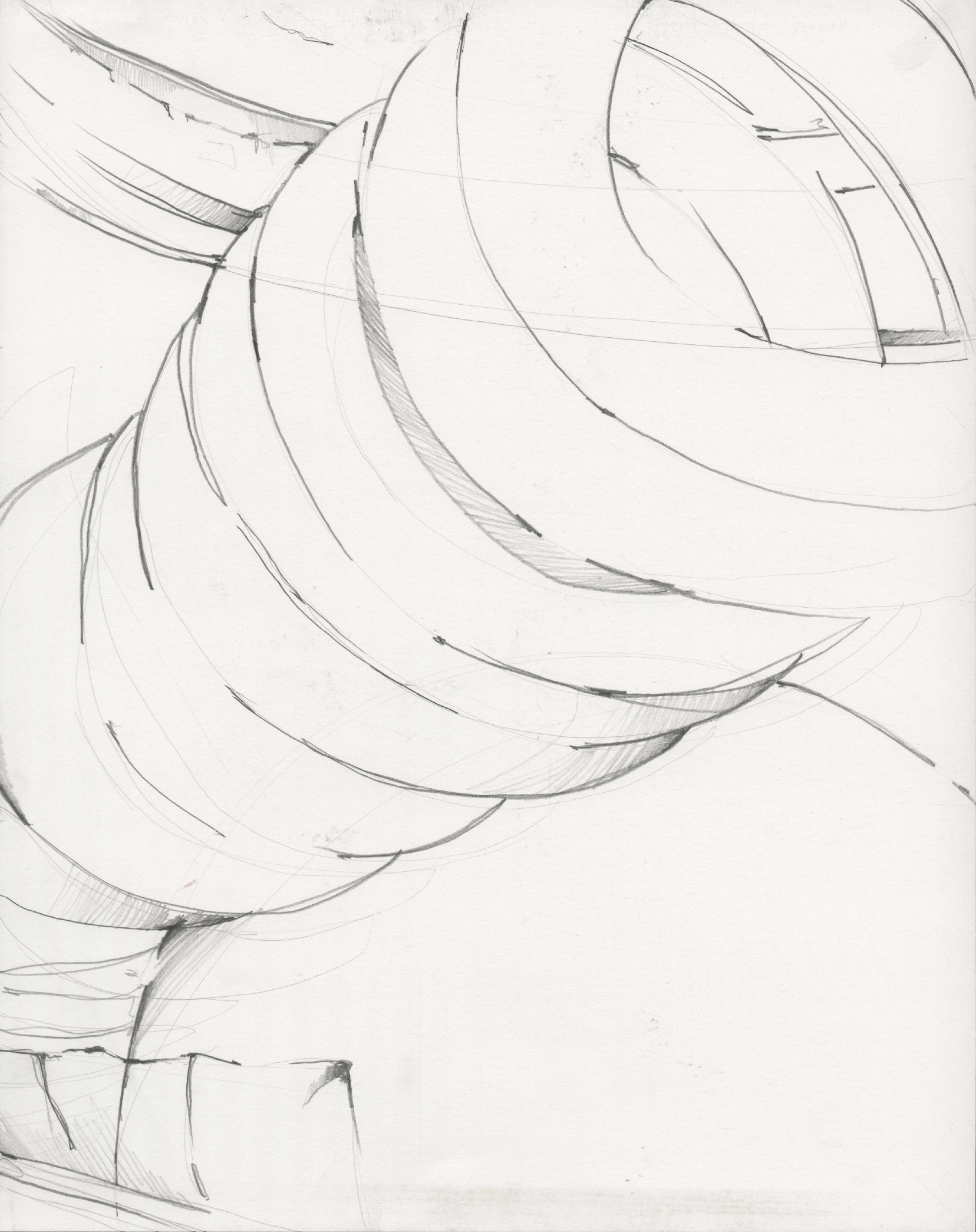 pencil drawing of spiraling tube moving upwards to the top right, sitting on a sphere below