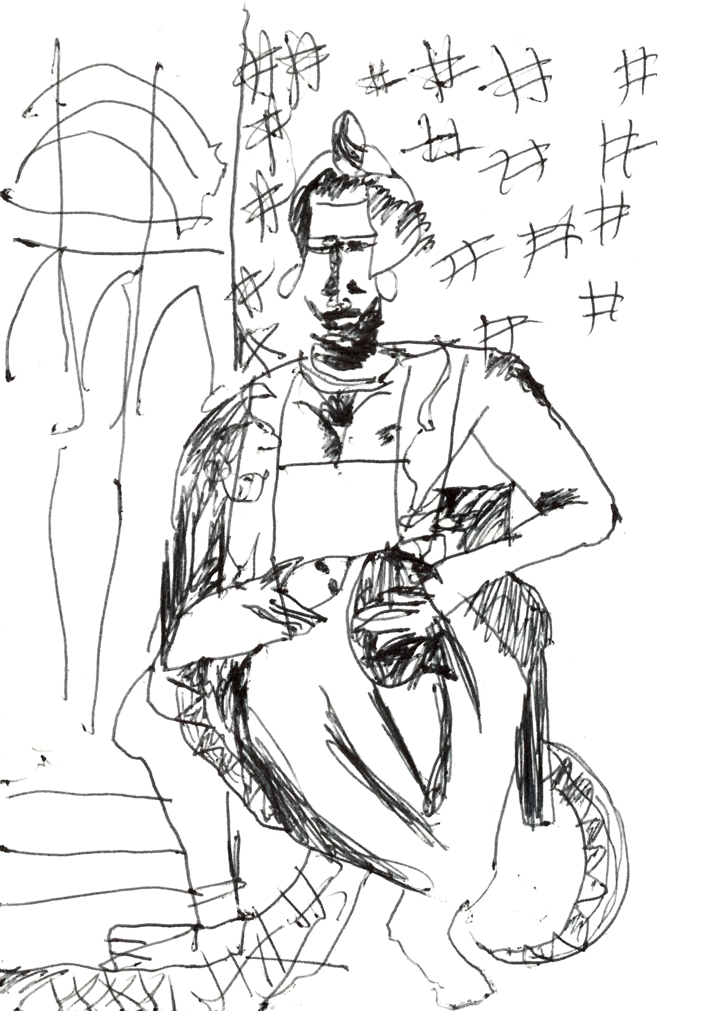 pen drawing in black of a woman sitting on a chair holding a plate in her left hand and a snake's head in her right, its body wrapping around her leg and twisting around her chair