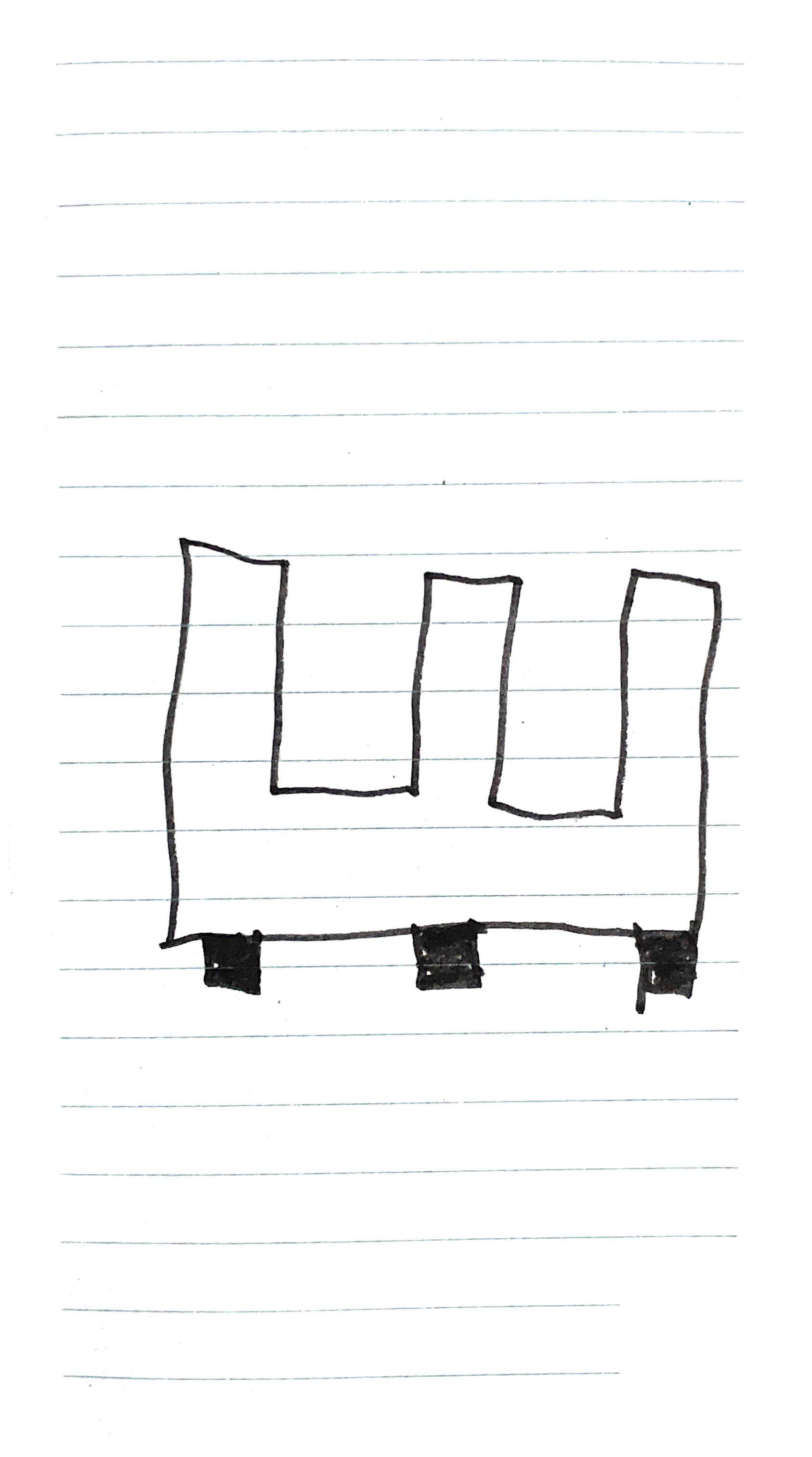 pen drawing of an 'E' upside down with three black squares supporting it