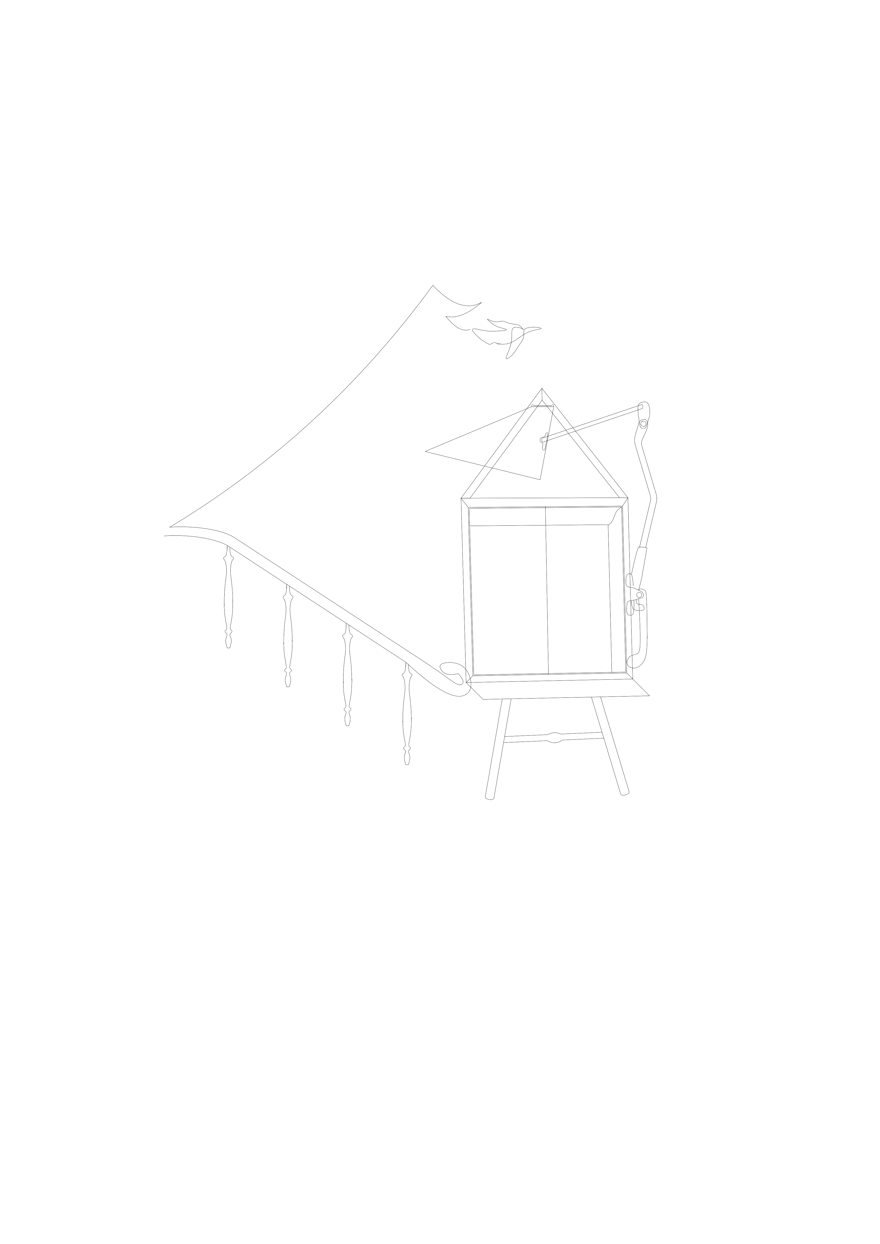 digital line drawing of a window with operable handle, sitting on two legs, a balustrade sloping up to the left, and a bird in the background carrying a string