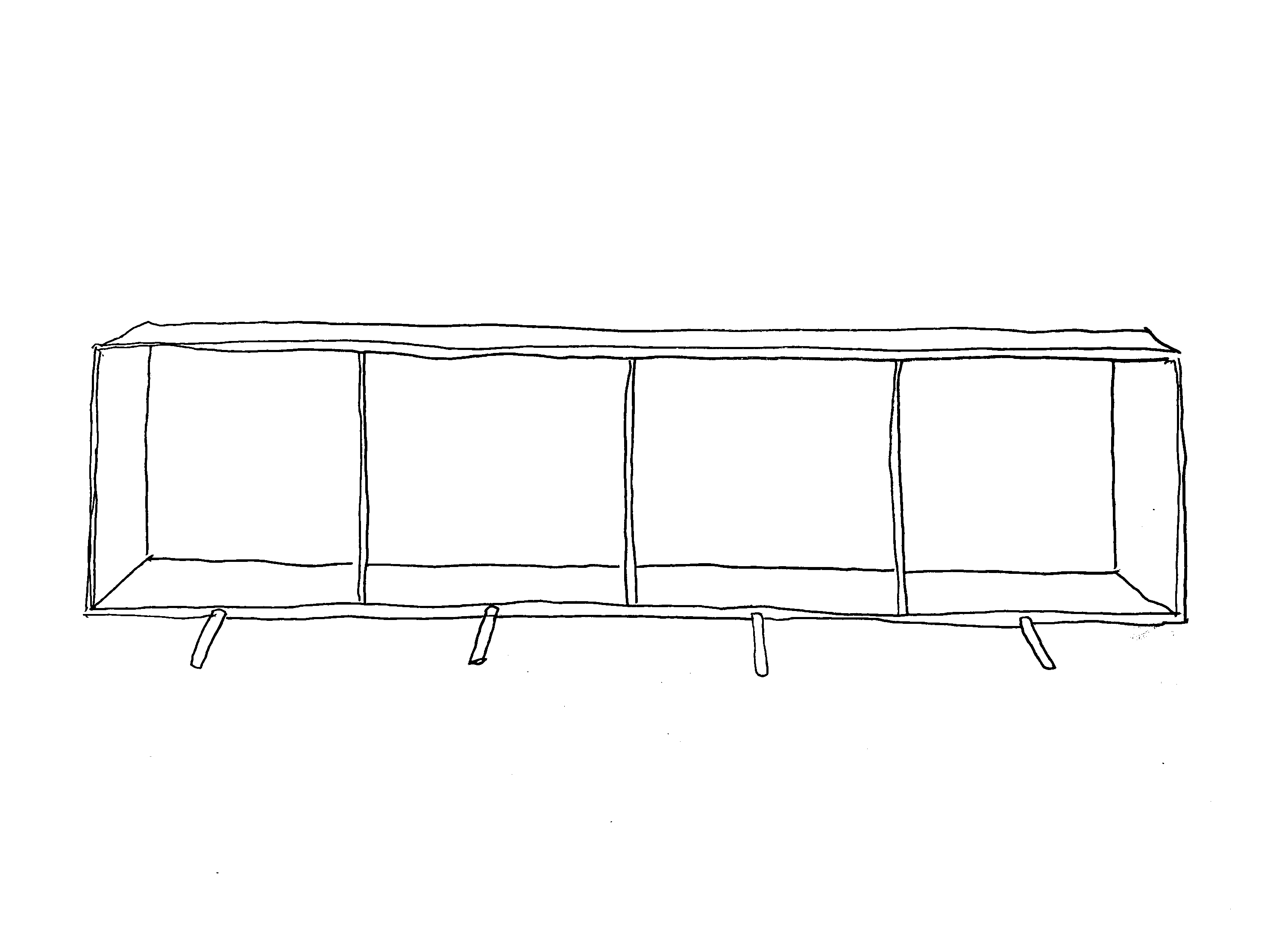 Black line-drawing of a horizontal box with four equal partitions, and four small pegs protruding meant to be sat on by birds