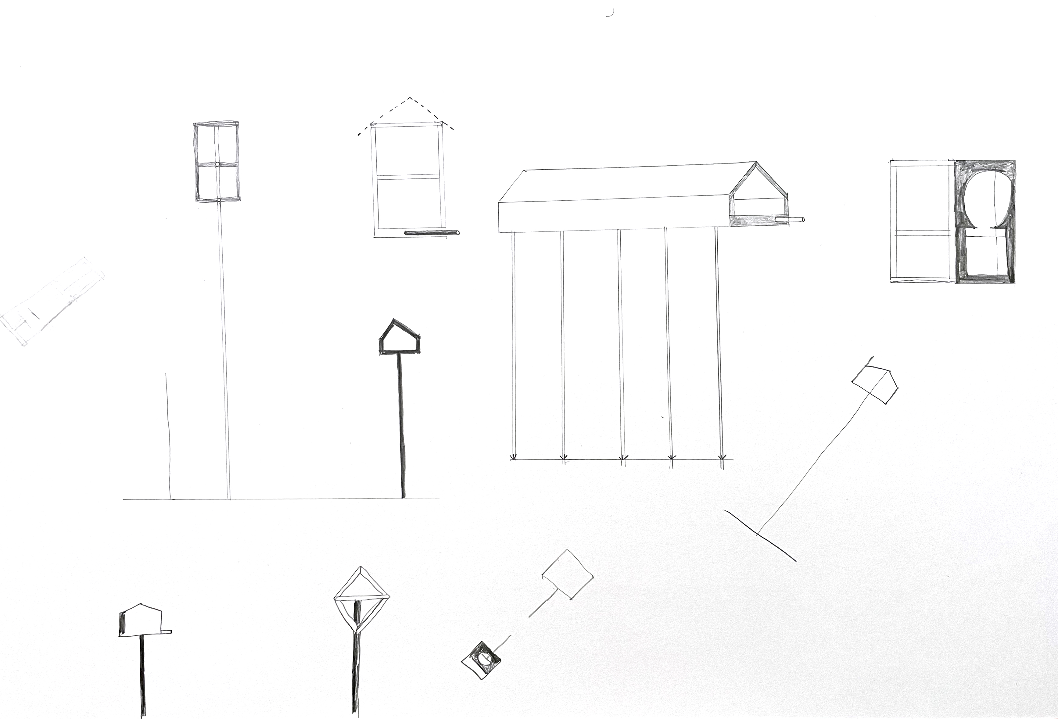 multiple small drawings of different birdhouse designs, some with many legs, some rectangular, and some rhomboid