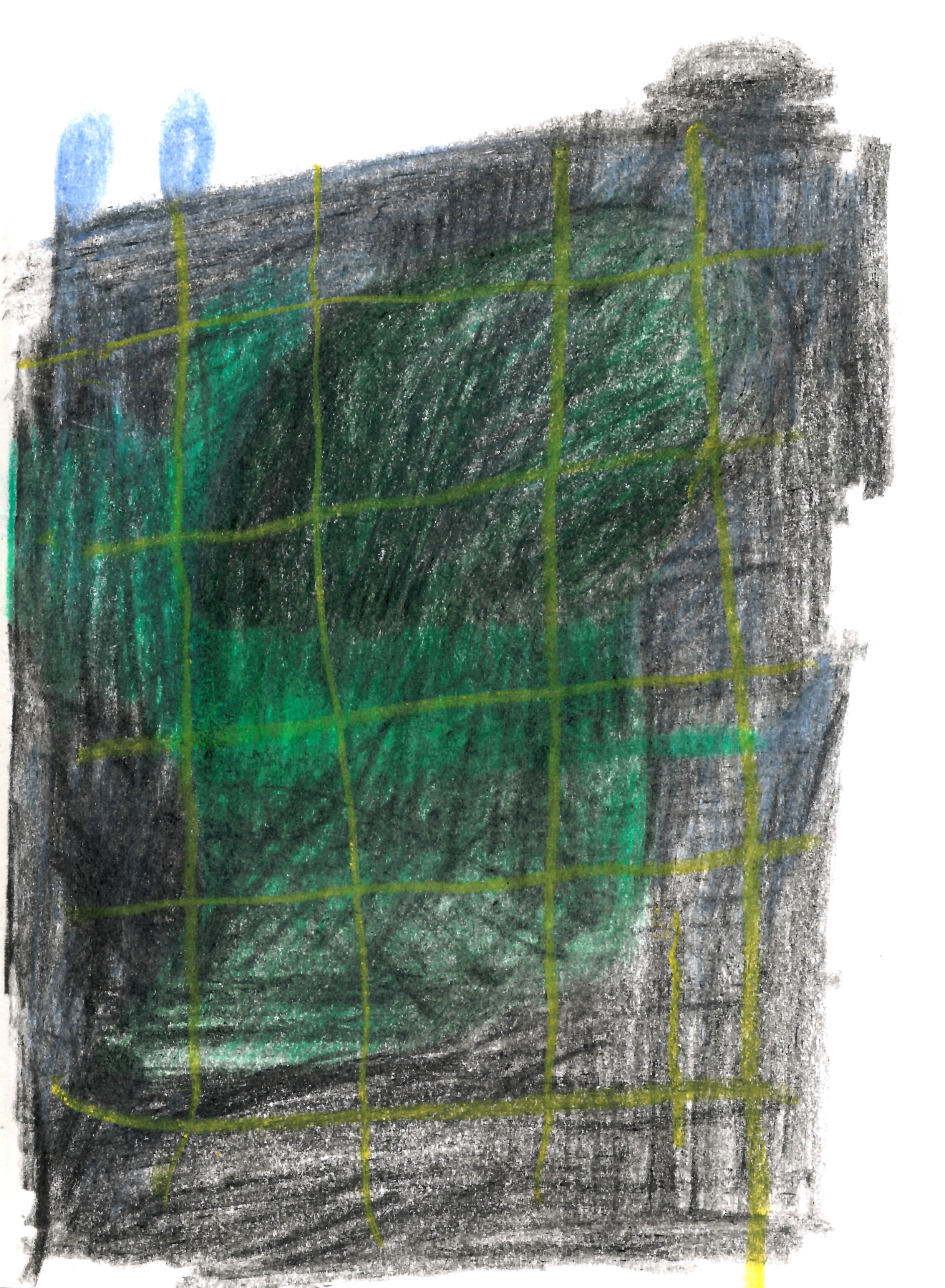 colored pencil drawing in blacks and greens, overlaid with a yellow grid—two blue ears pop out from behind