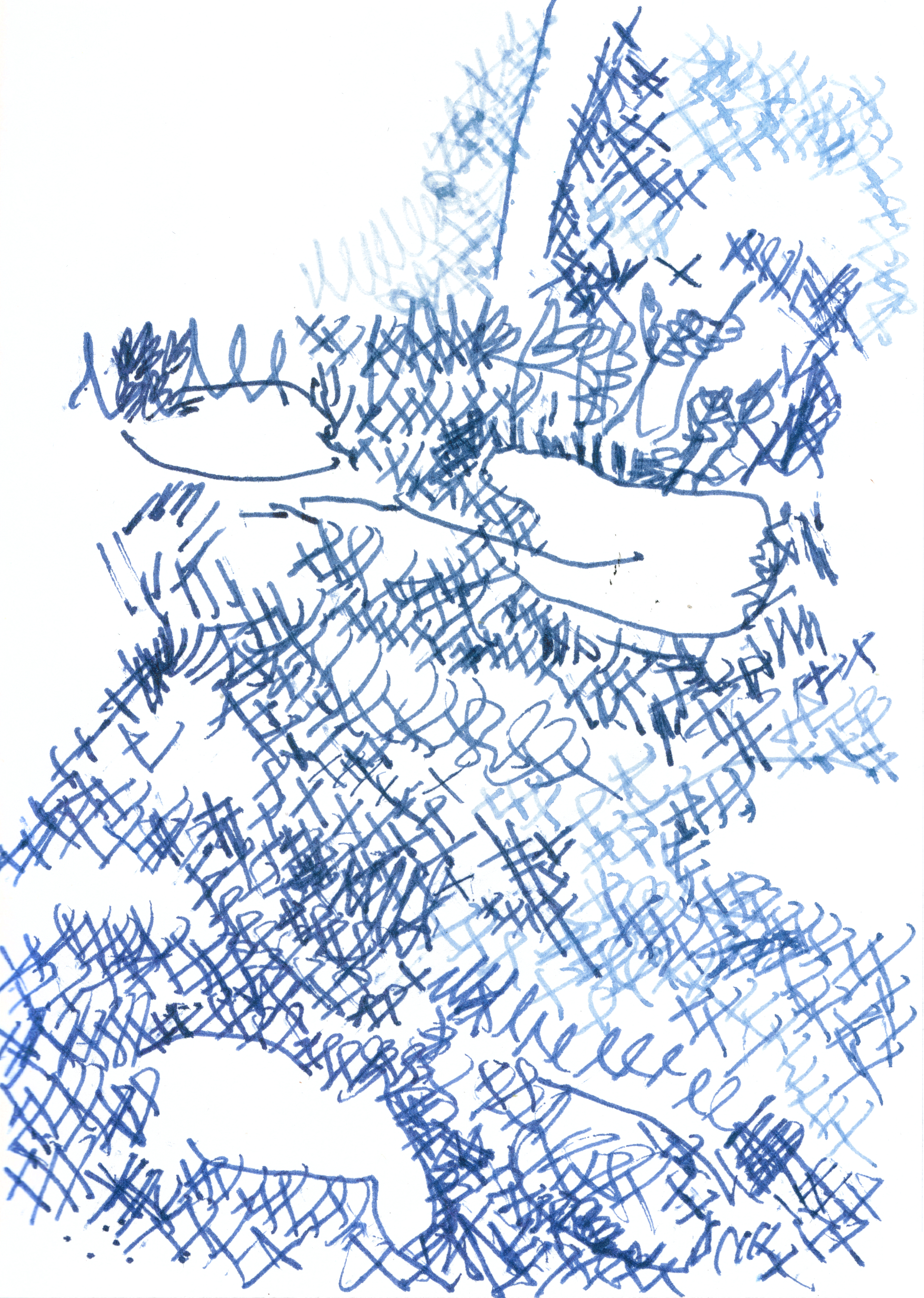 pen drawing in blue ink of a landscape made of many small x's