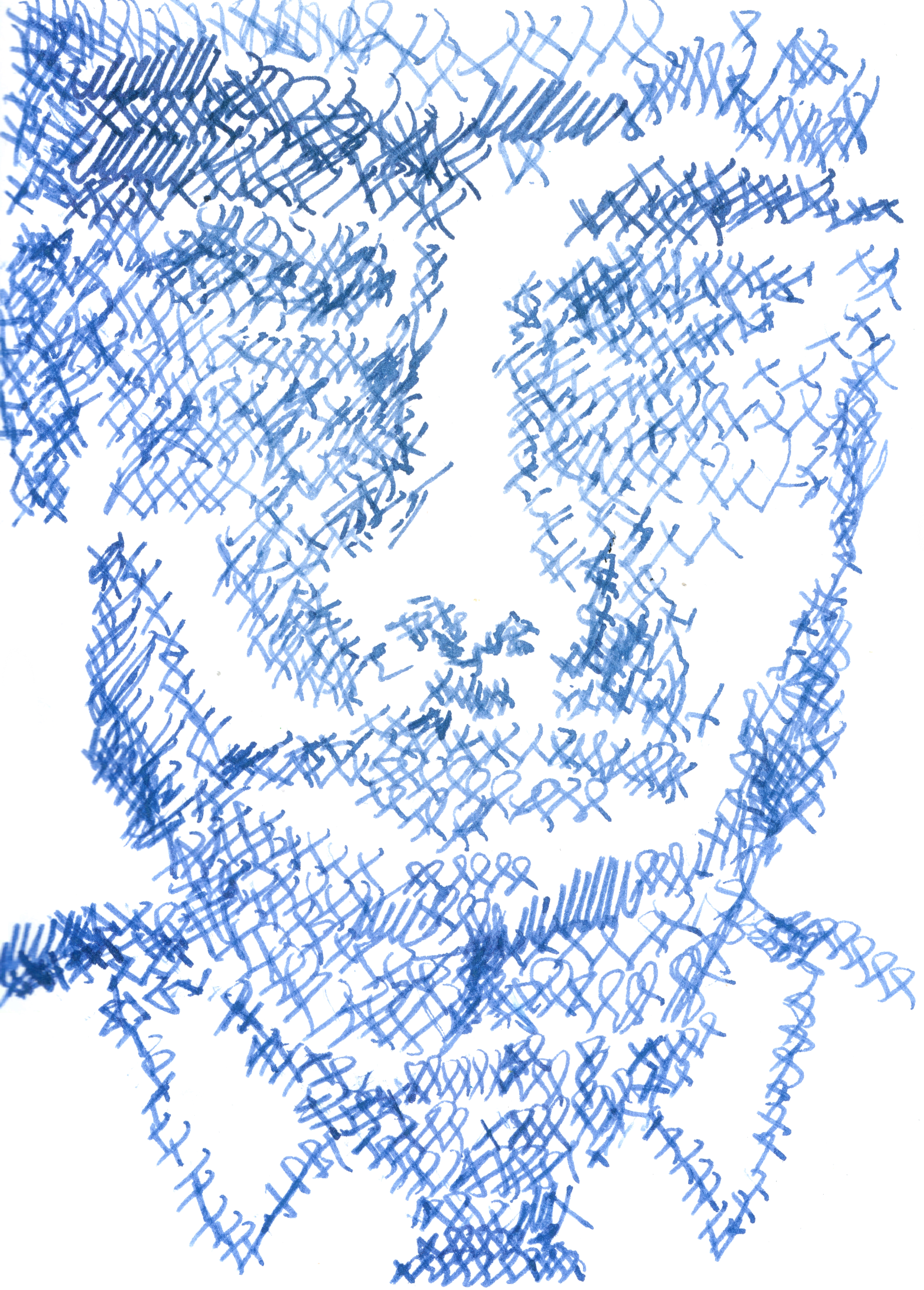 a portrait of a man's face and collared shirt drawn in blue ink and hatched with many small x's