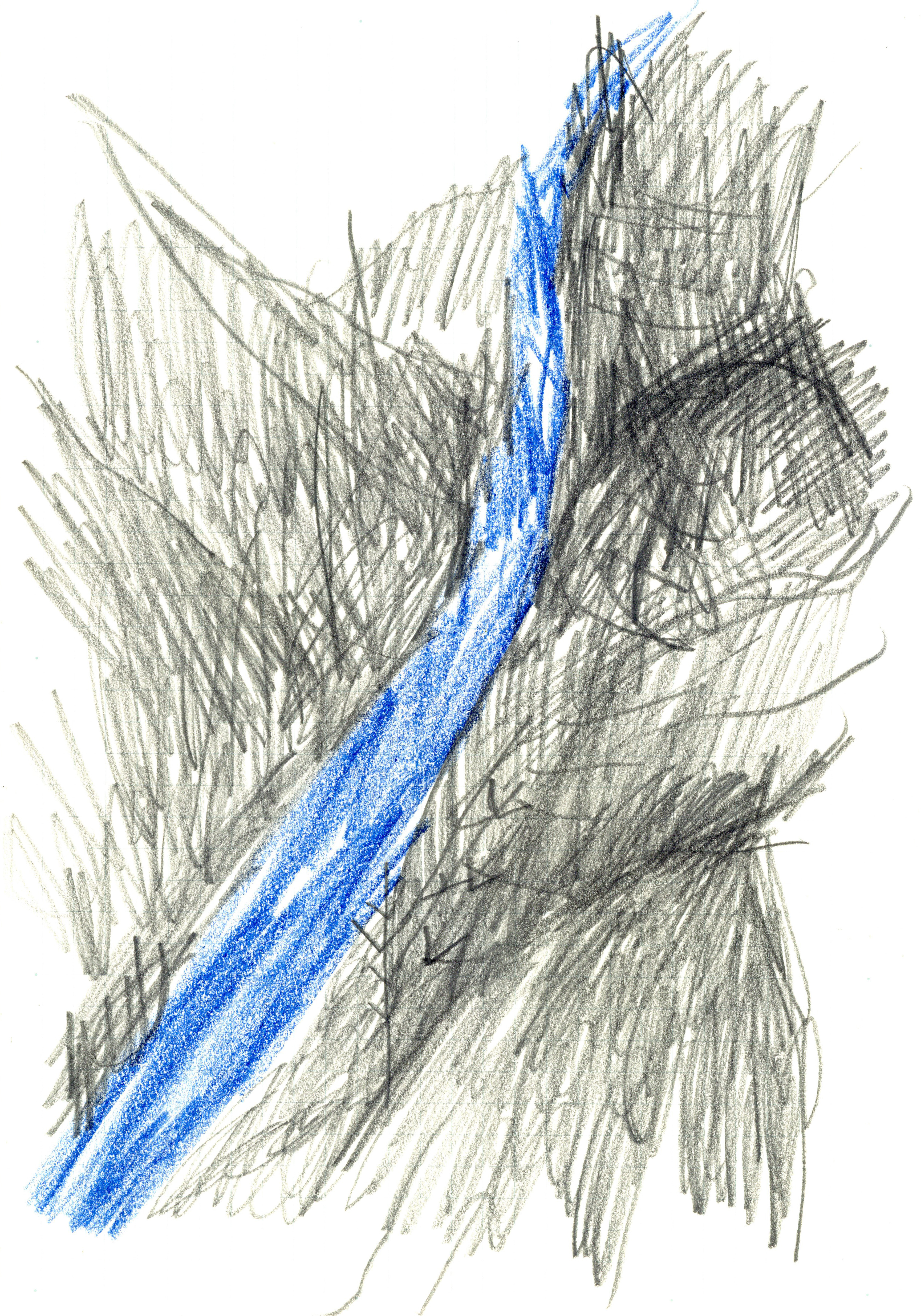a blue river moving backwards through a mountain range