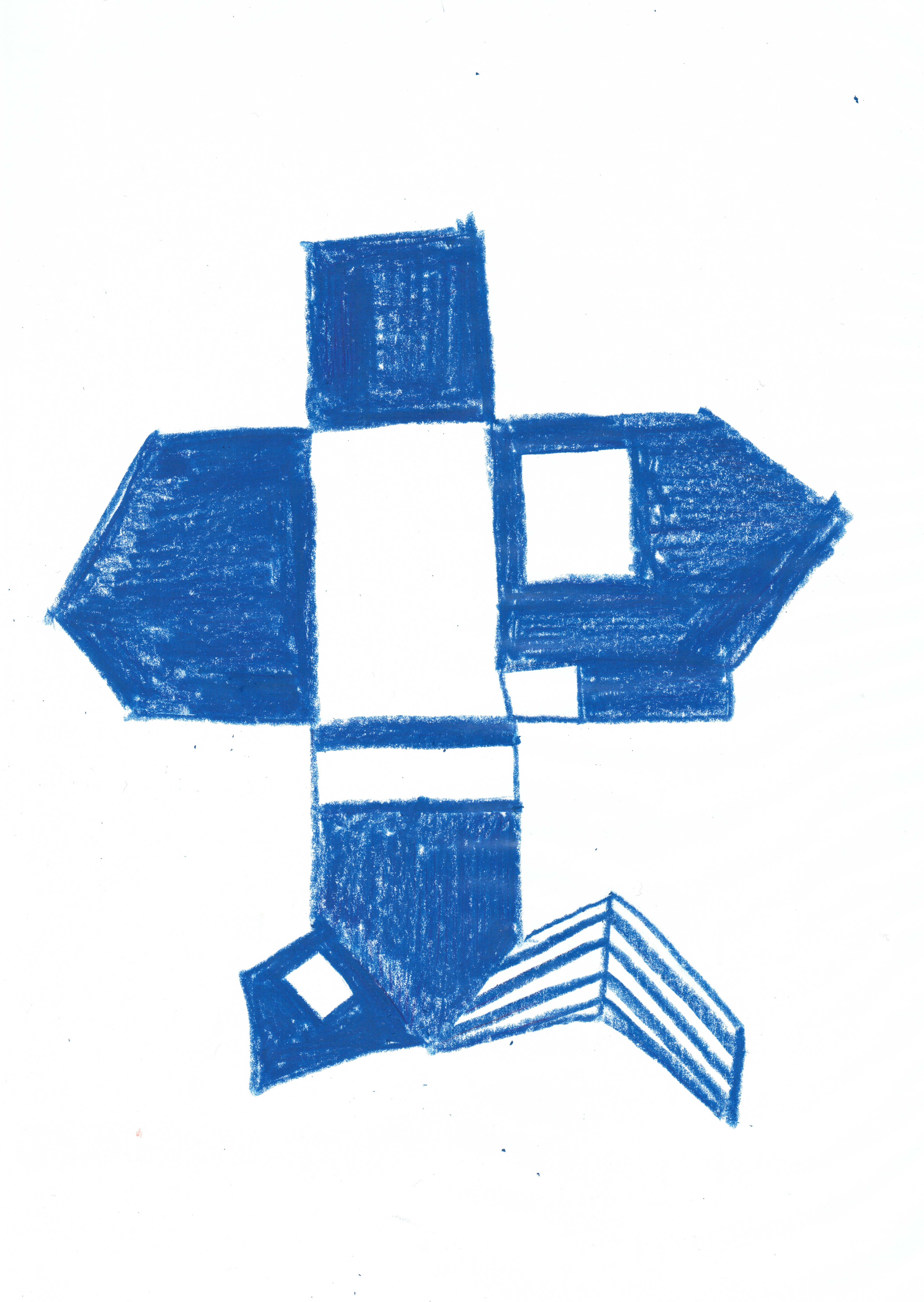 drawing in blue marker of unfolded building, showing walls and roof