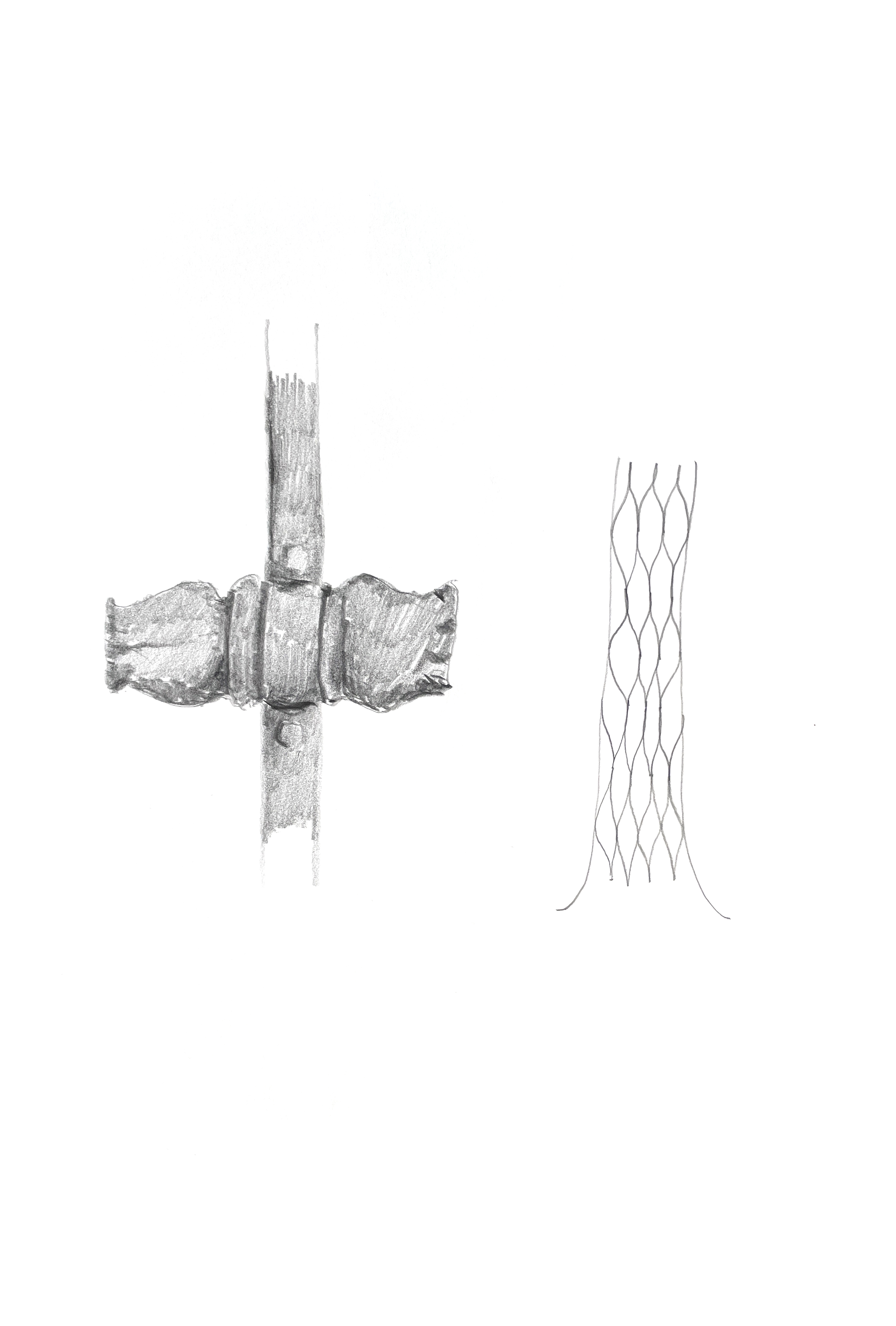 two pencil drawings: on the left part of a metal railing and on the right an abstracted tree trunk with geometric bark