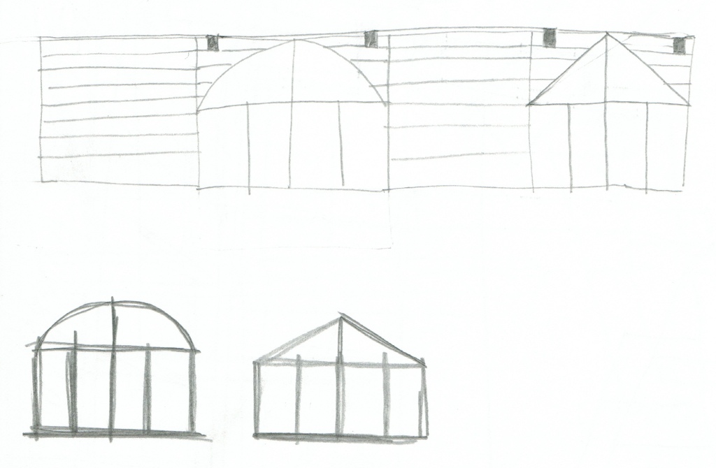 pencil sketch of unrolled elevations from all sides of small building