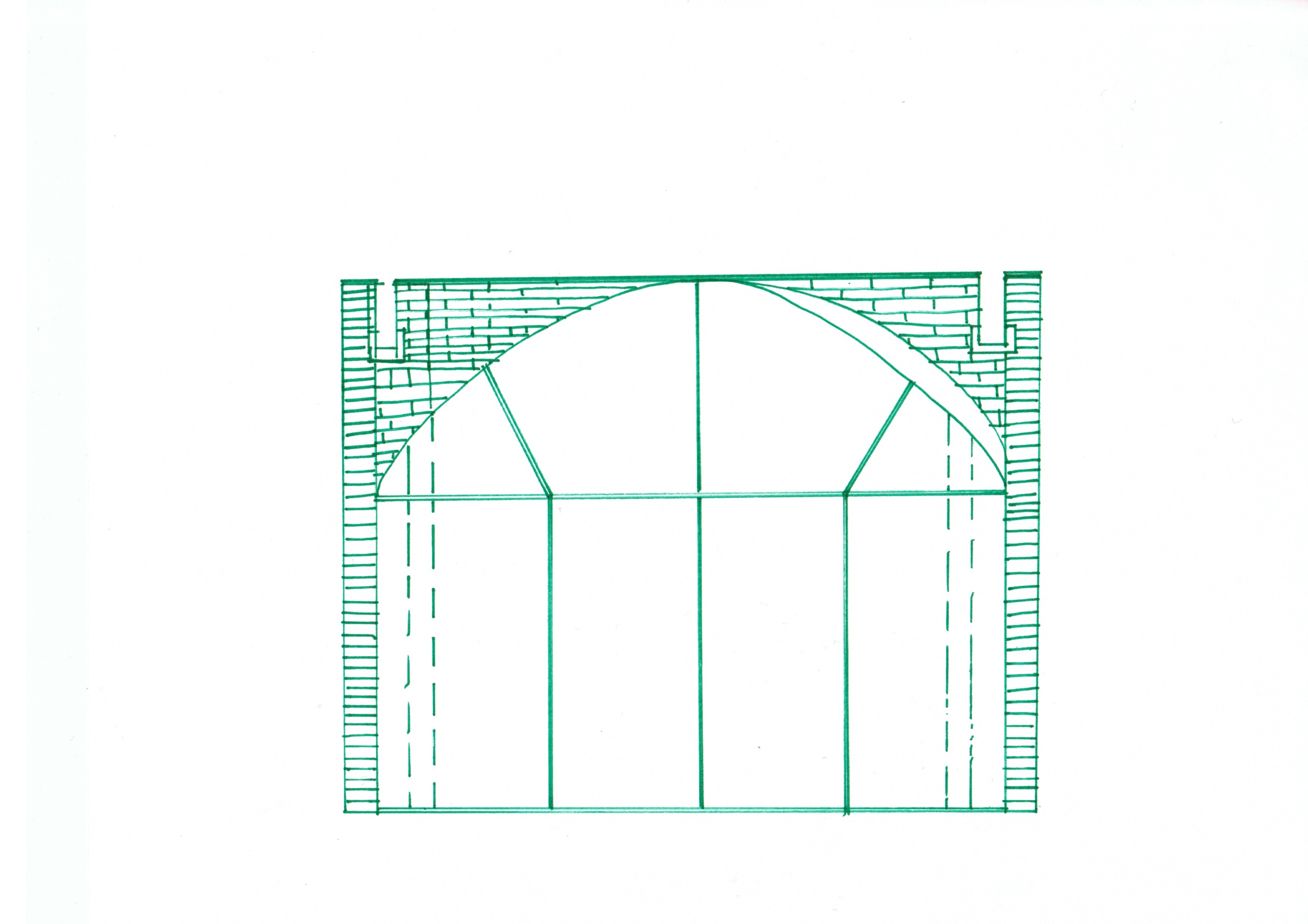 drawing in green pen of facade of small brick building