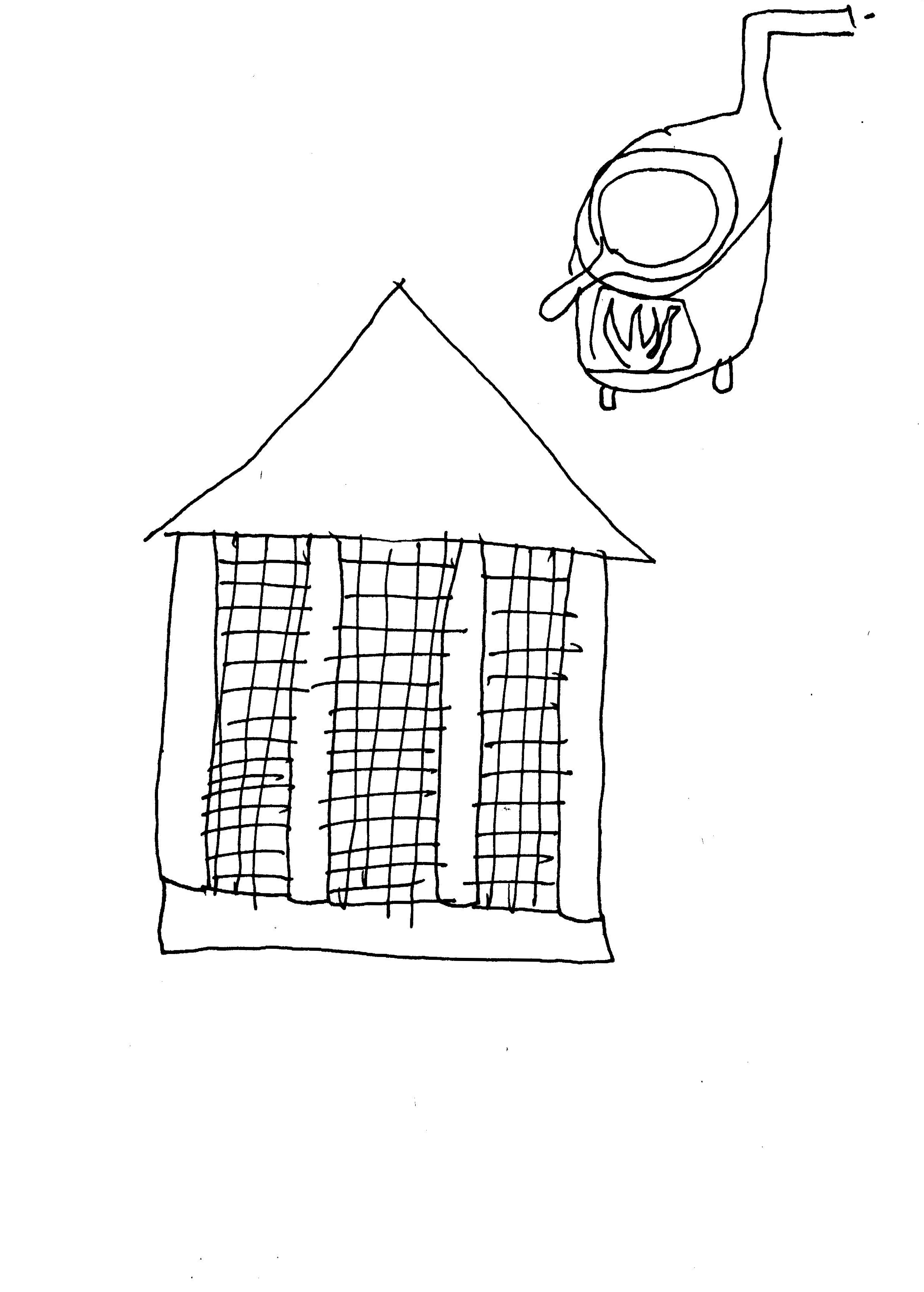 pen drawing of a four column building and a stove in the uppermost corner