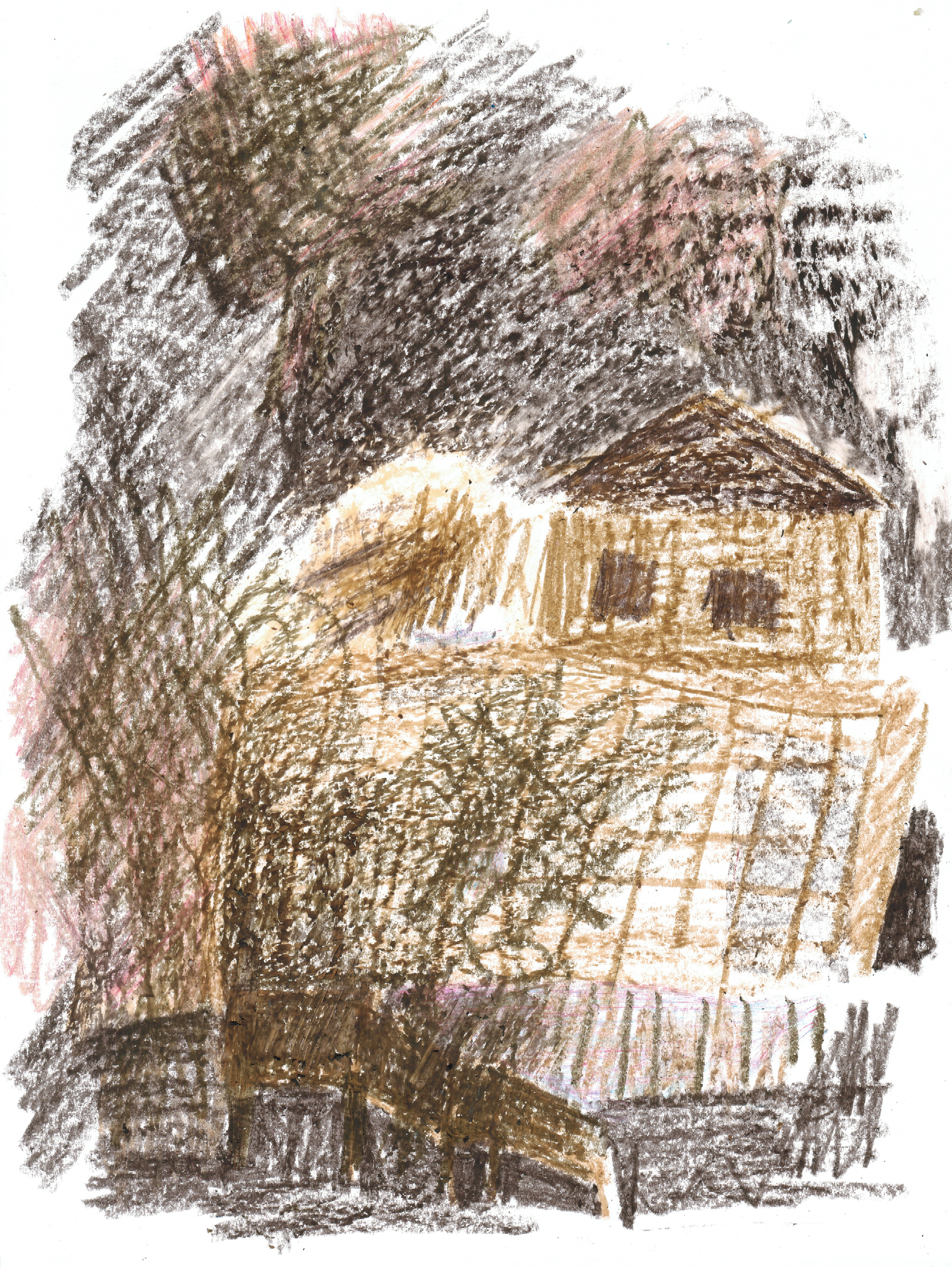 drawing with brown colored pencil of house and landscape