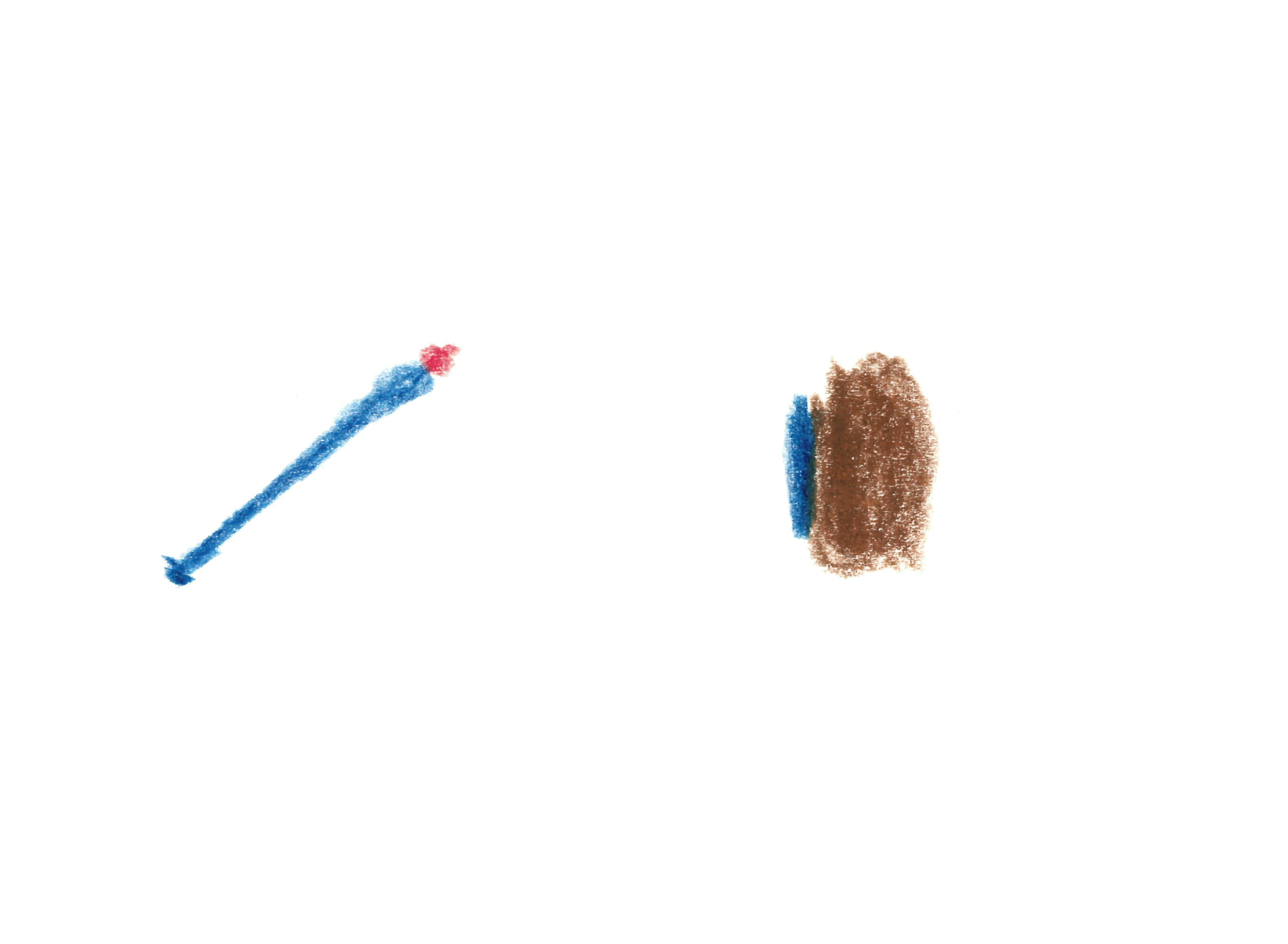 colored pencil drawing of a small blue candle with a red flame sits next to a brown plate