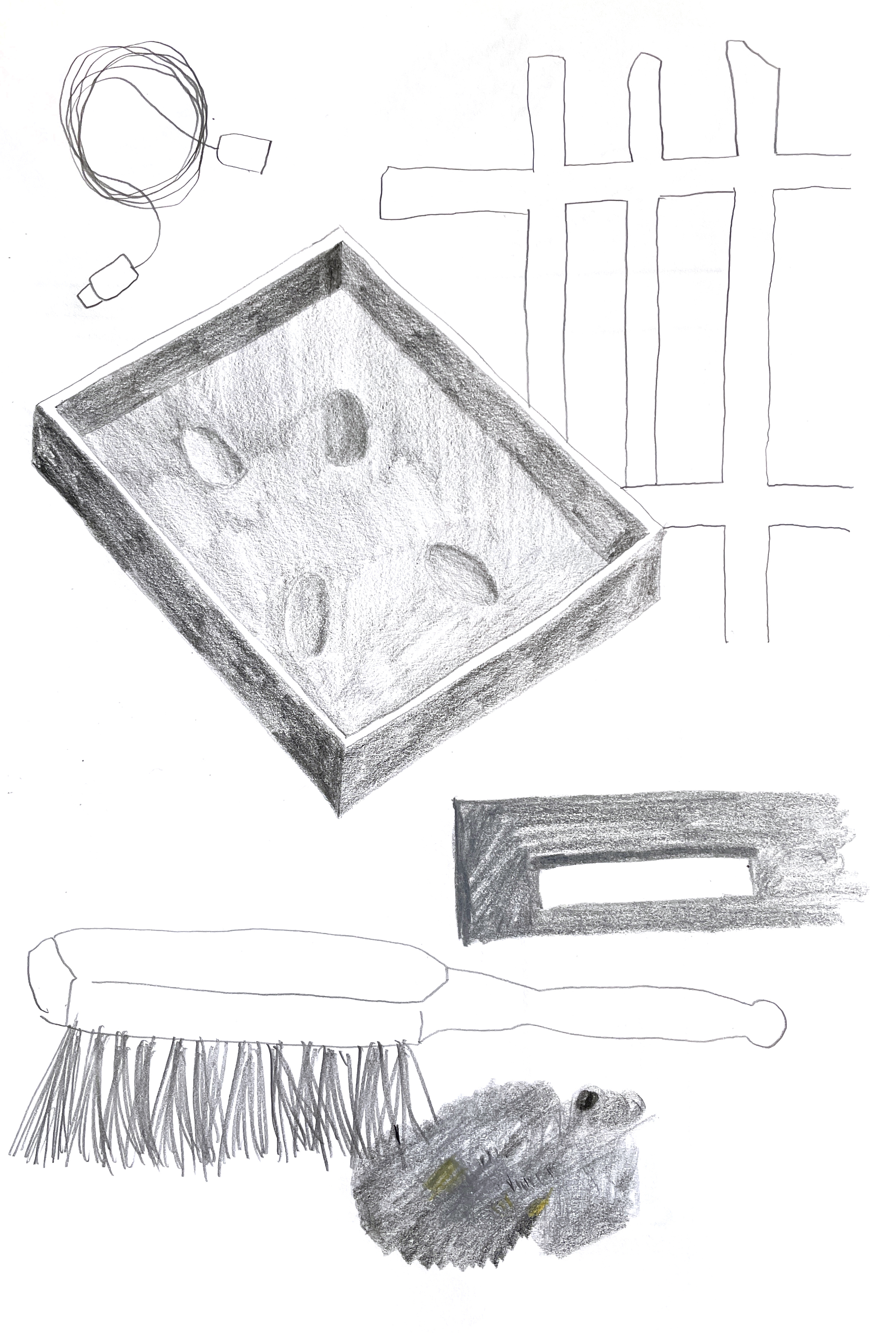 pencil drawing of wooden box, a brush, a fence, and a cord rolled up