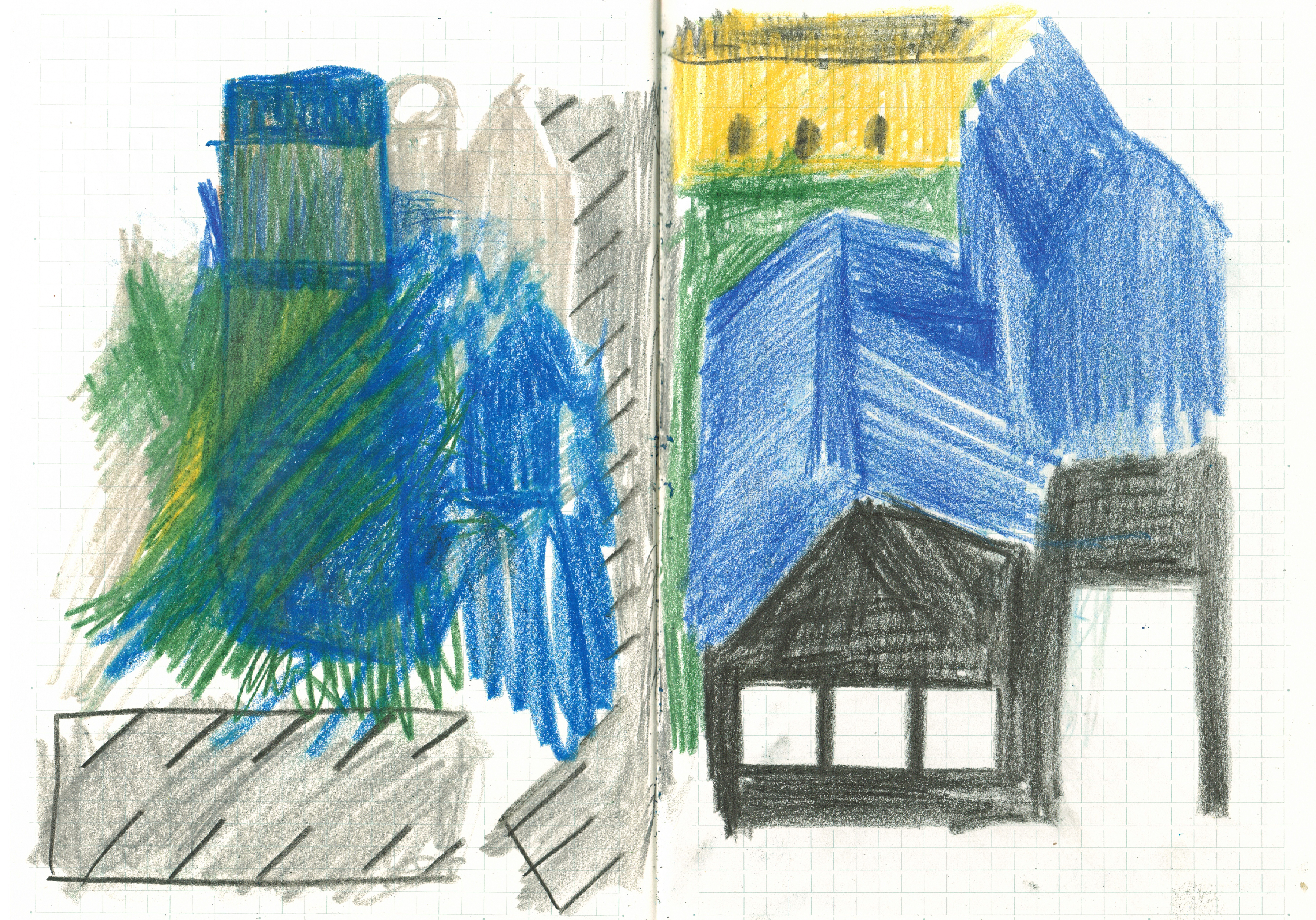 drawing in colored pencil of a house in black with blue roof and a yellow one in the back, and on the left a tower and greenery with a parking lot in grey