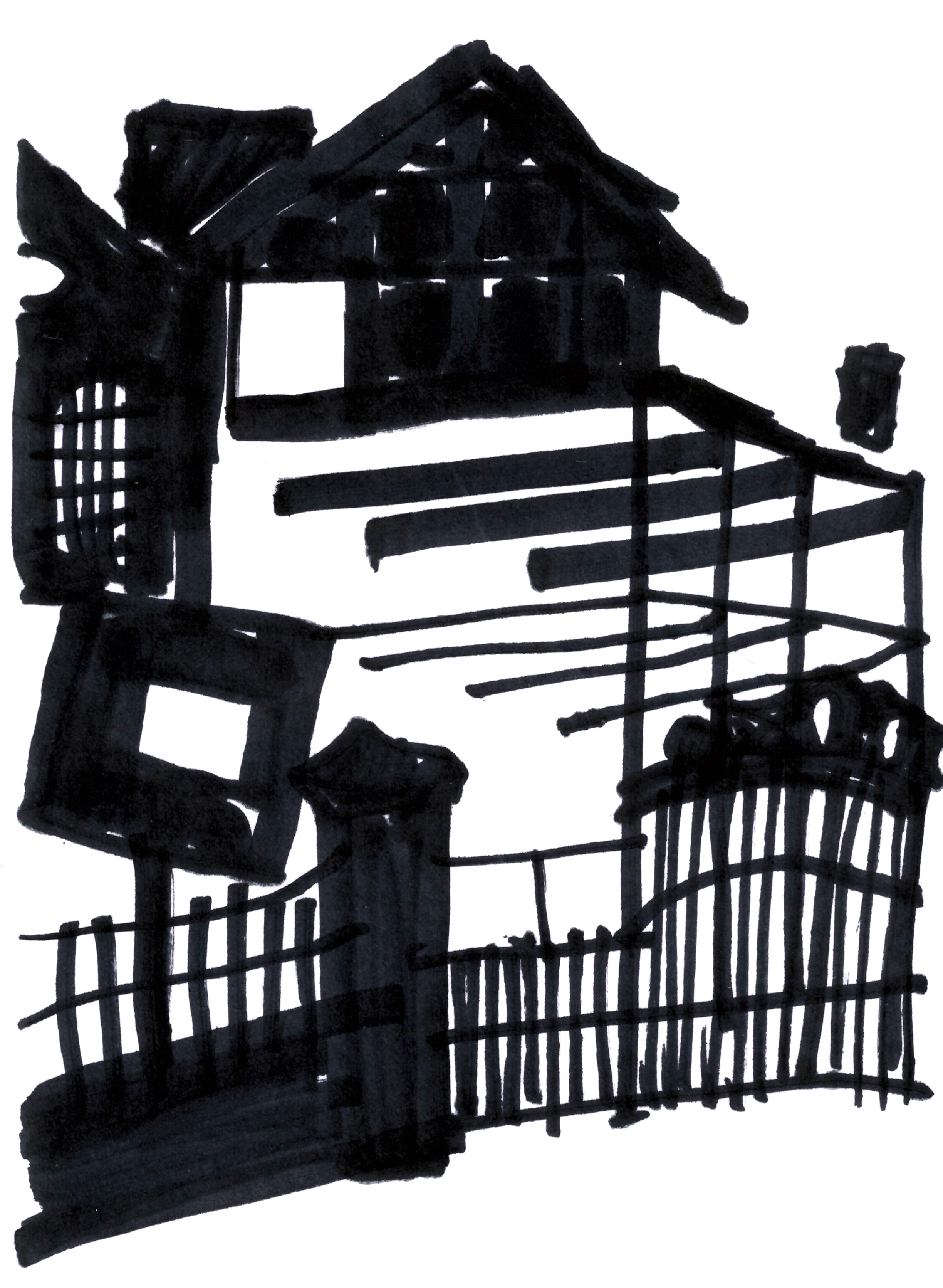 drawing with heavy black marker of a house shape sitting on floating beams in front of an iron fence