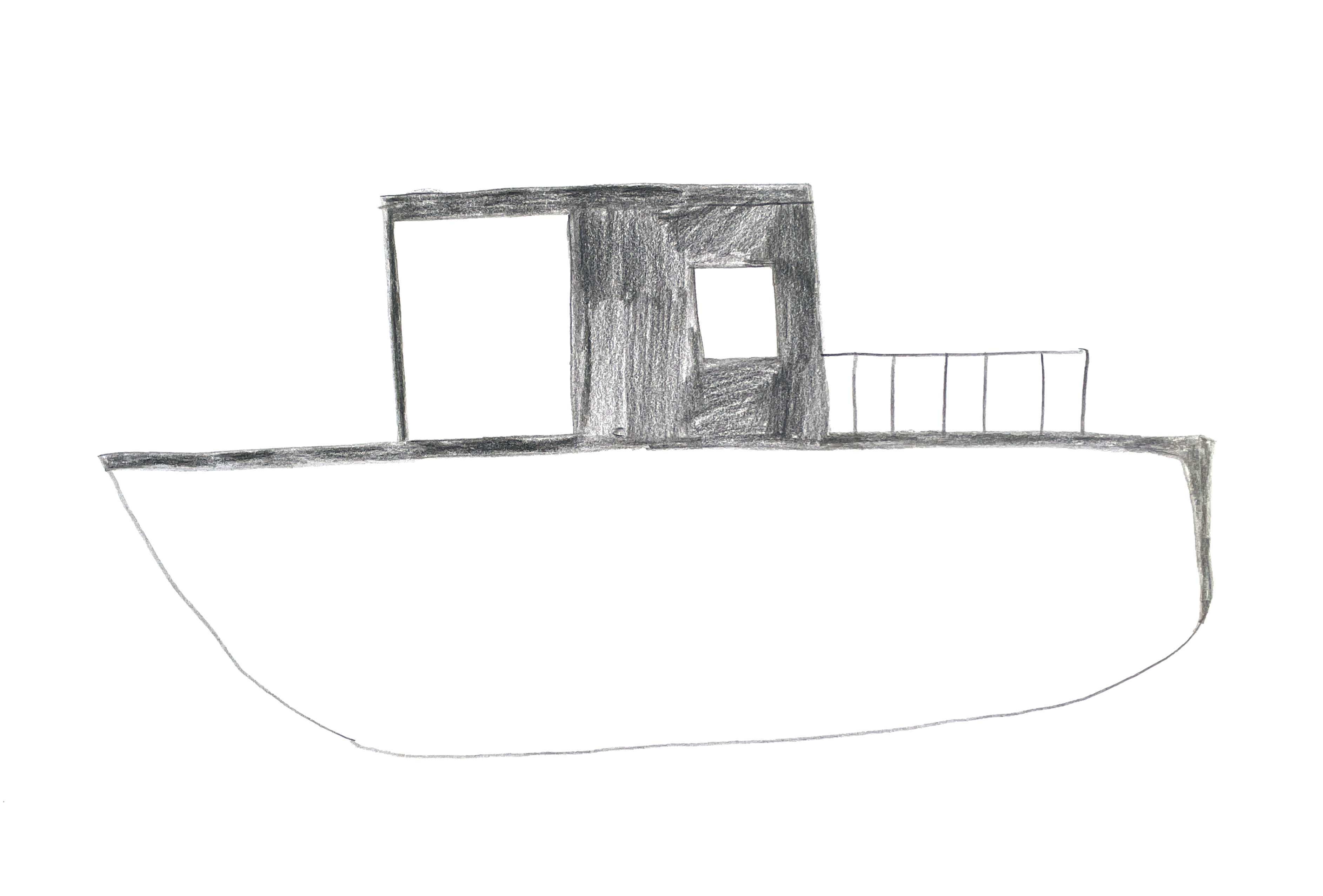 pencil drawing of the profile of a small boat with big windows 