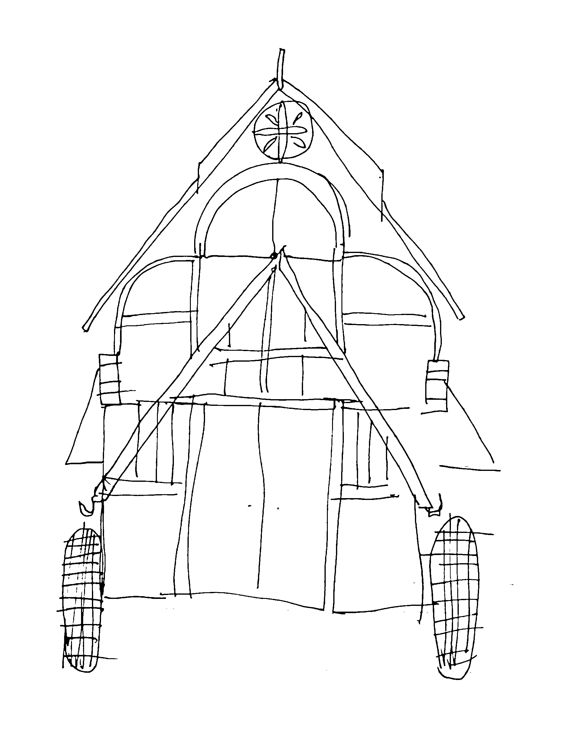 pen drawing of an A-frame house with a medieval roof above on wheels