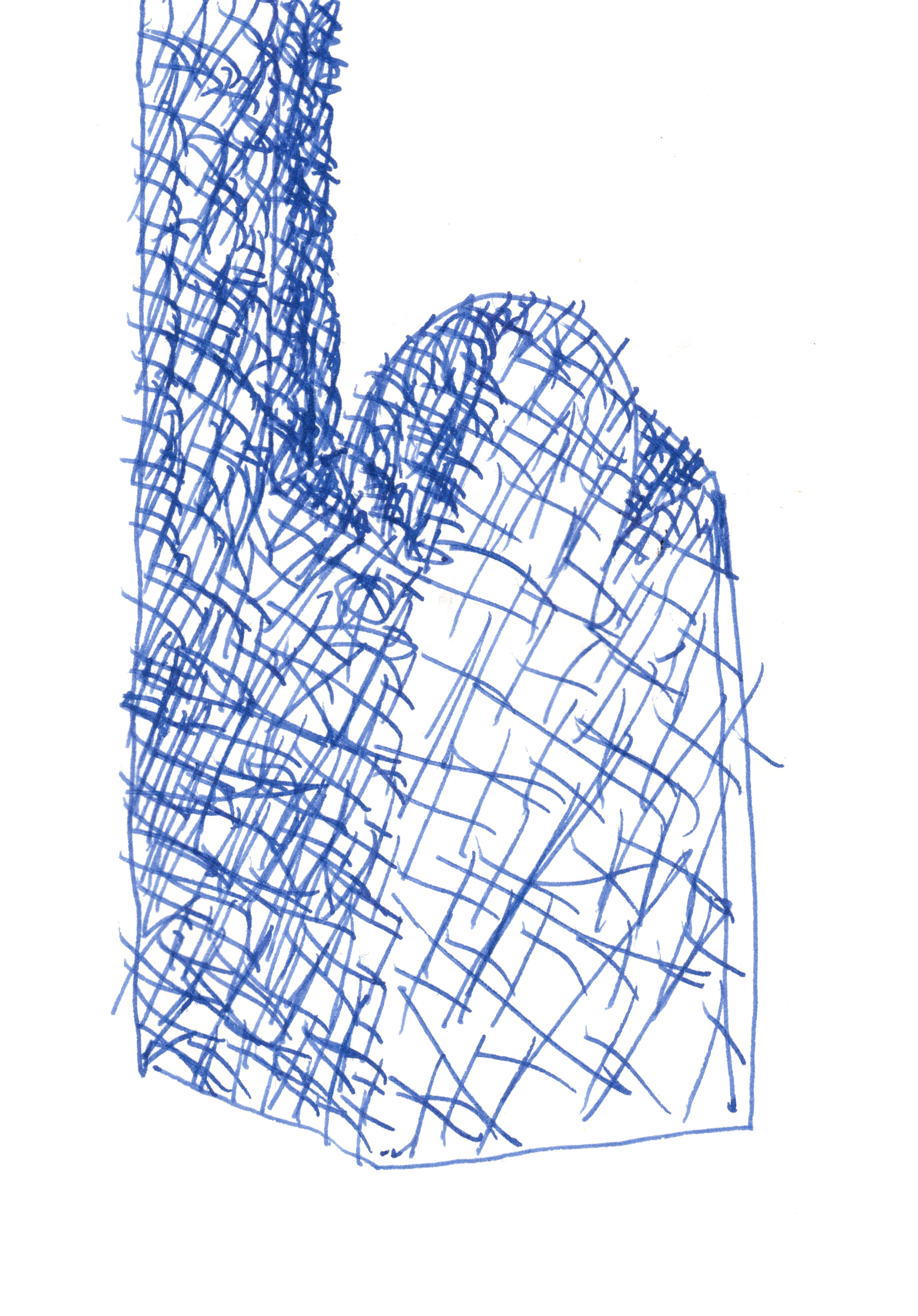 pen drawing in blue of an abstracted figure with one arm up and a cubish body