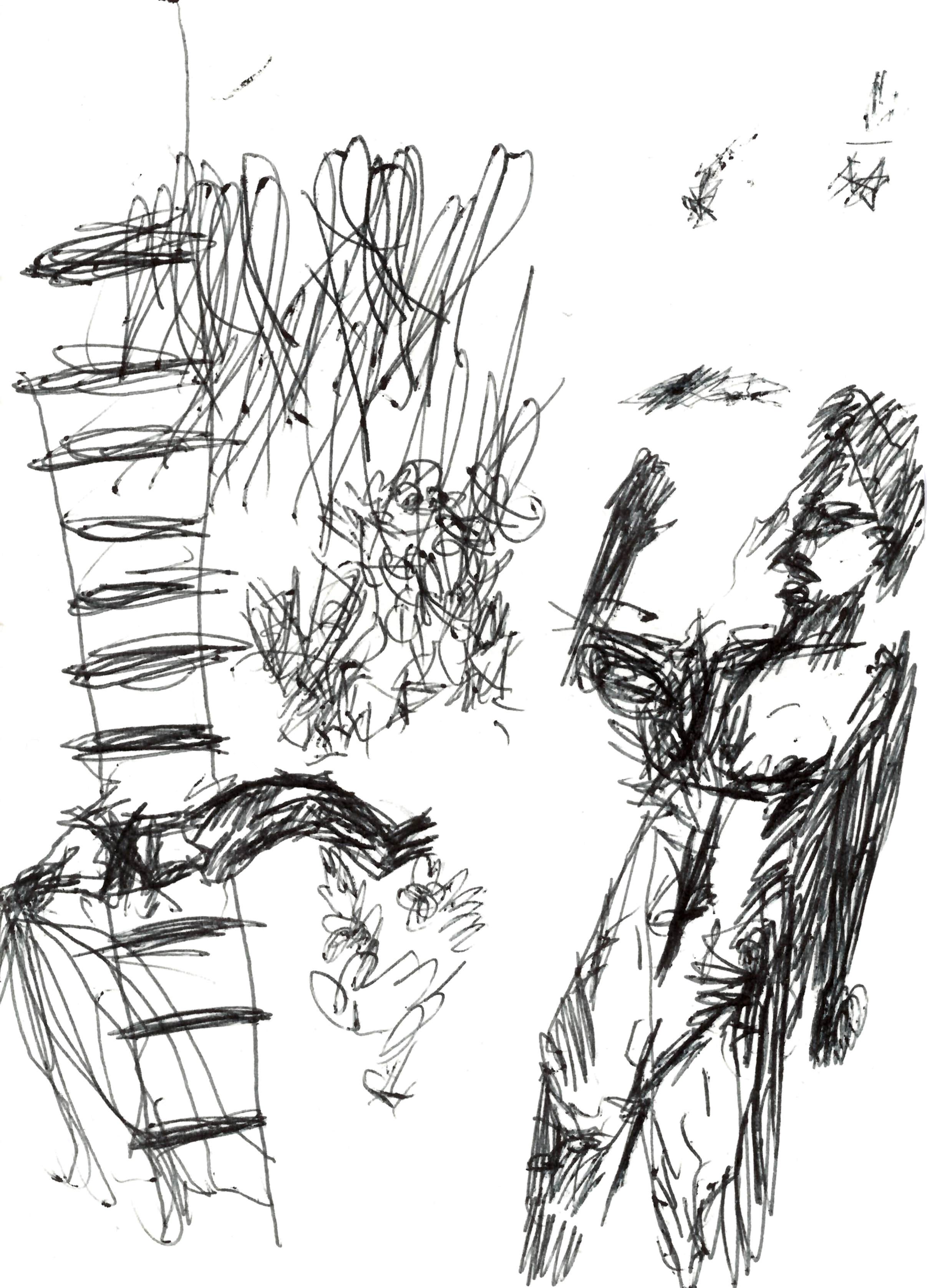 pen drawing in black of a figure on the right with one hand up, gazing upon a restrained figure on some train tracks to the left, whose hair is exceptionally long and cascades