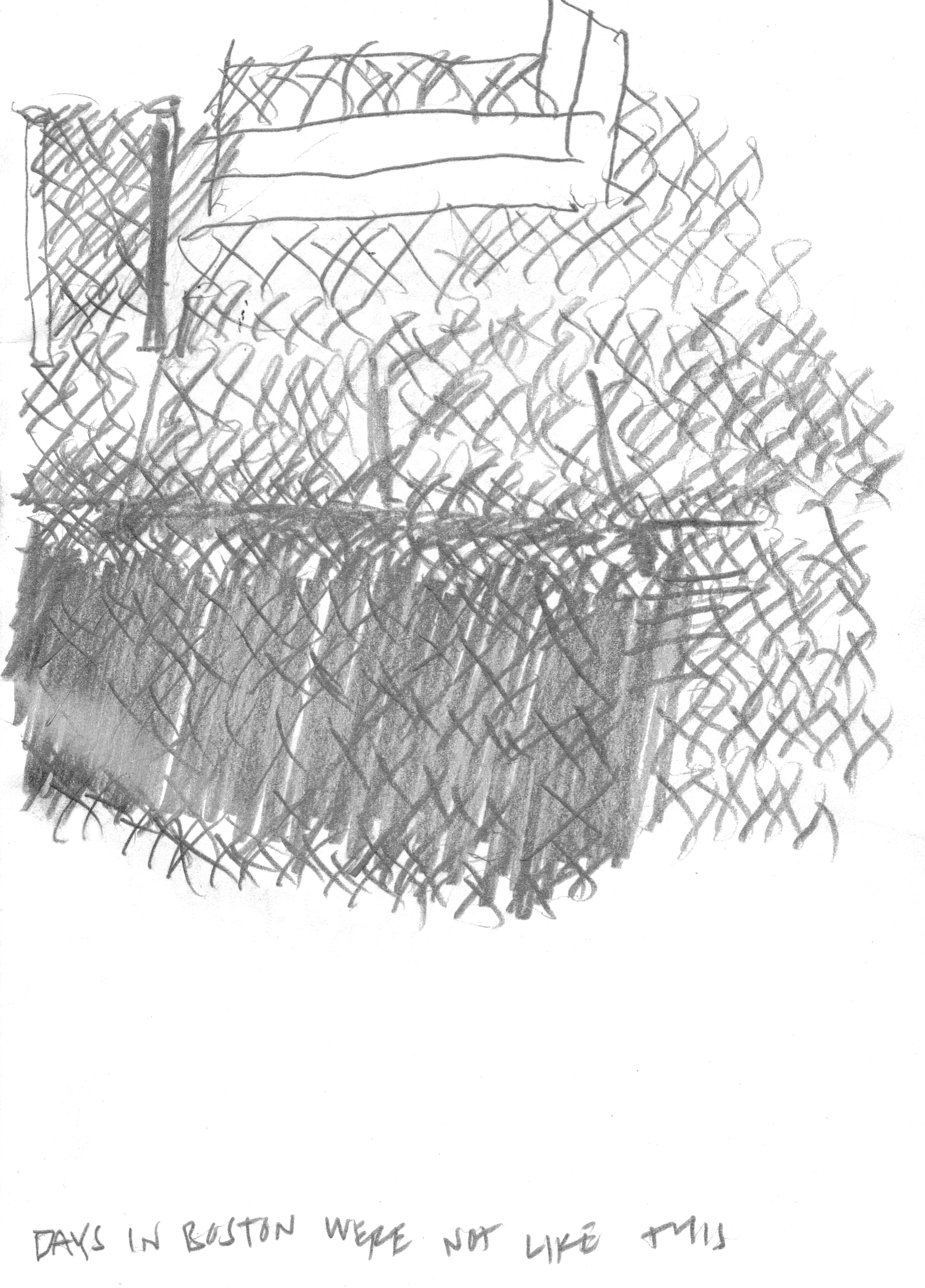 pencil drawing of a fence and grass with text underneath reading: "DAYS IN BOSTON WERE NOT LIKE THIS"