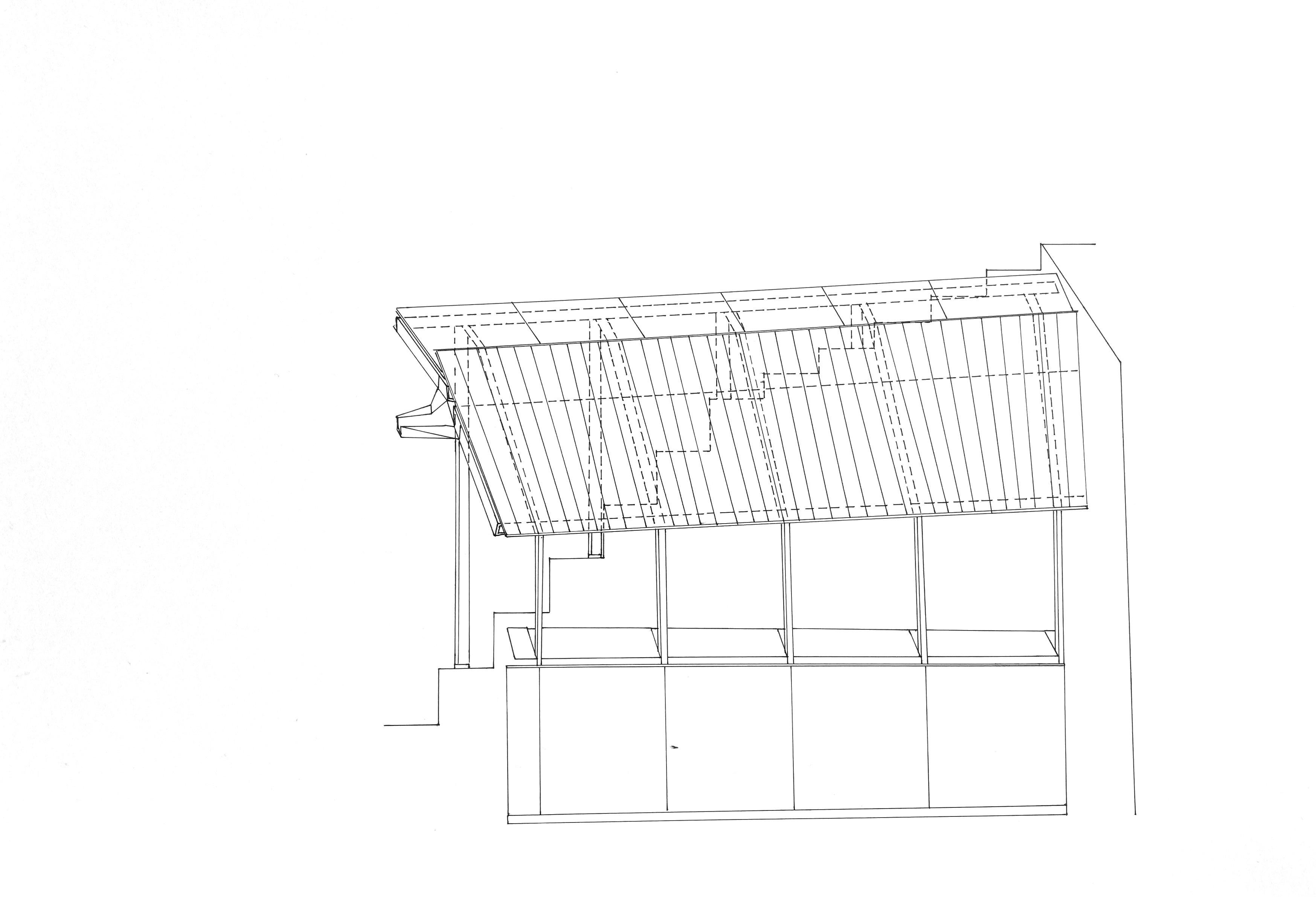 black line drawing on white of a small structure. the building has a roof with lines on it, a row of windows with a shelf, with the structure resting on a stairway behind it