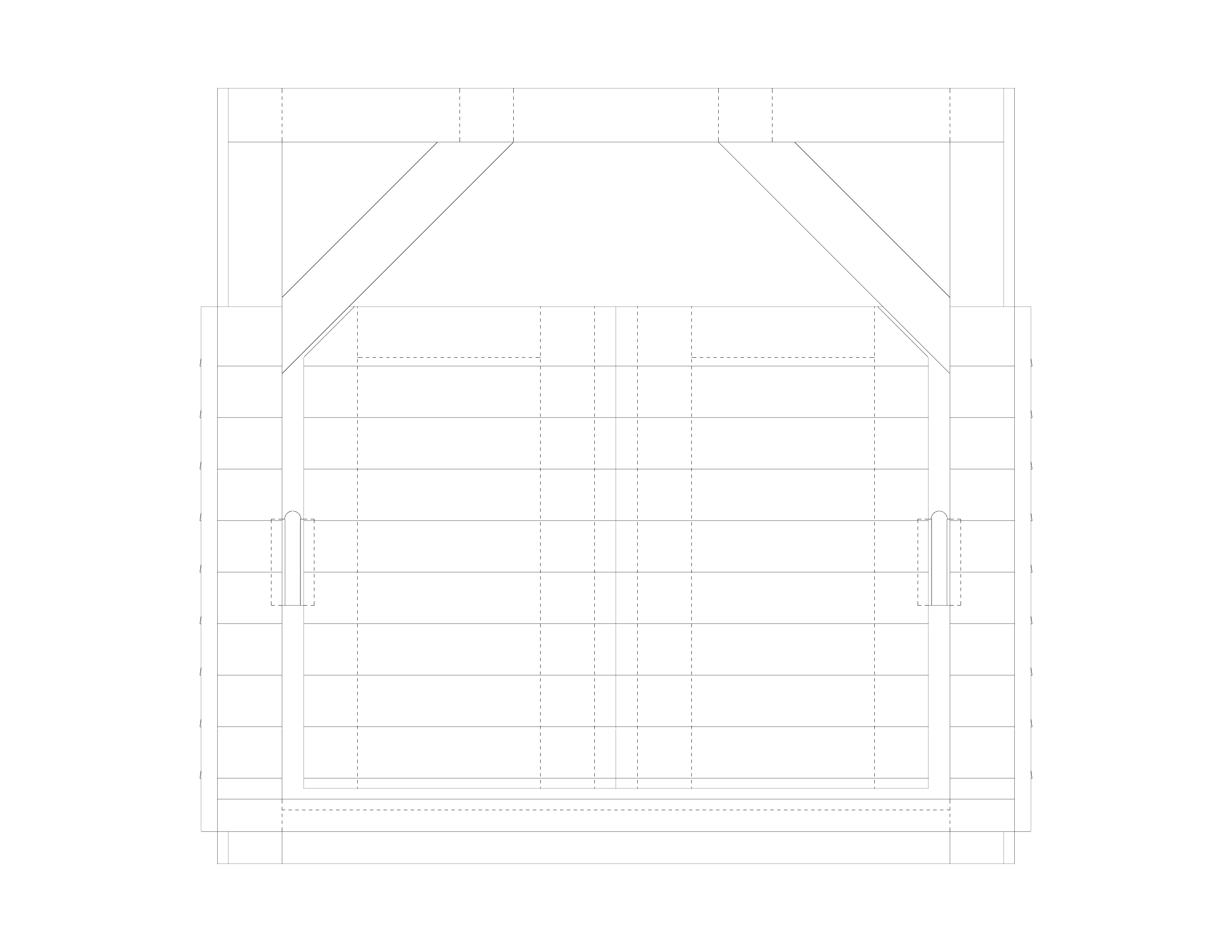line drawing in black of dog crate viewed from the front. the hinges are drawn in using dashed lines. the design resembles a barn in miniature