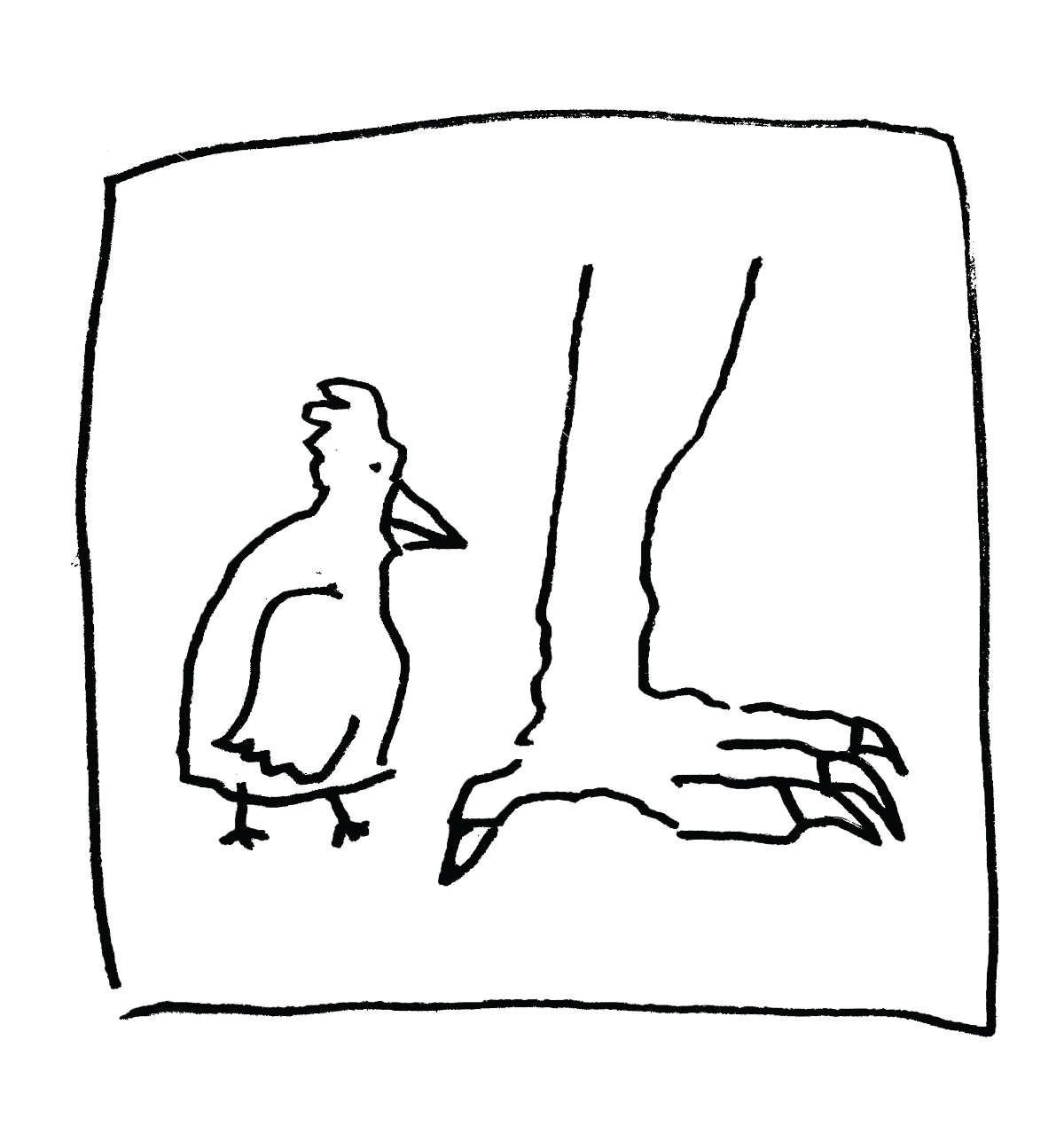 line drawing in black of a chicken standing next to the large leg of a dinosaur, the rest of its body cut off