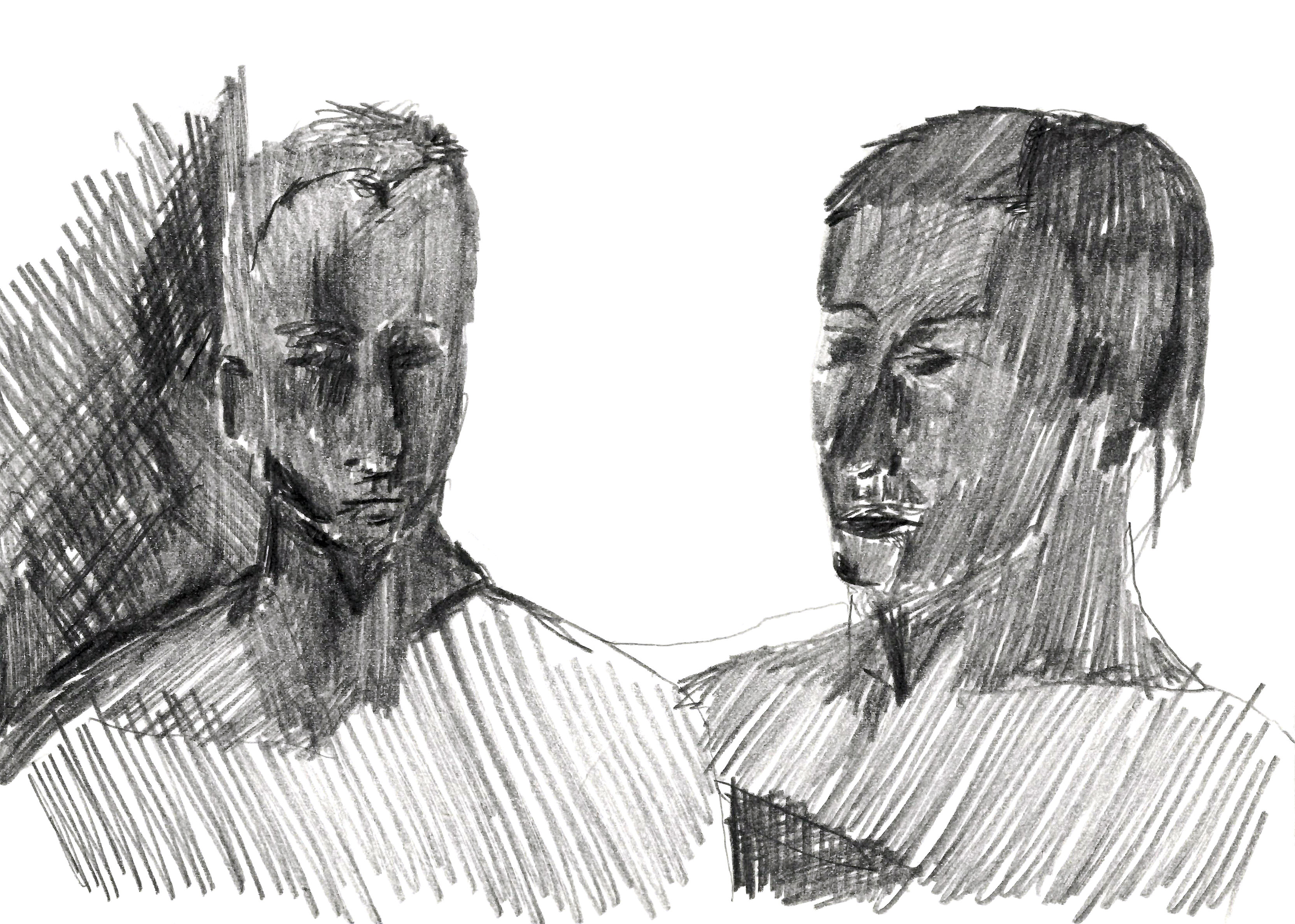 drawing in pencil of two figures, one basically frontal and the other at three-quarters view