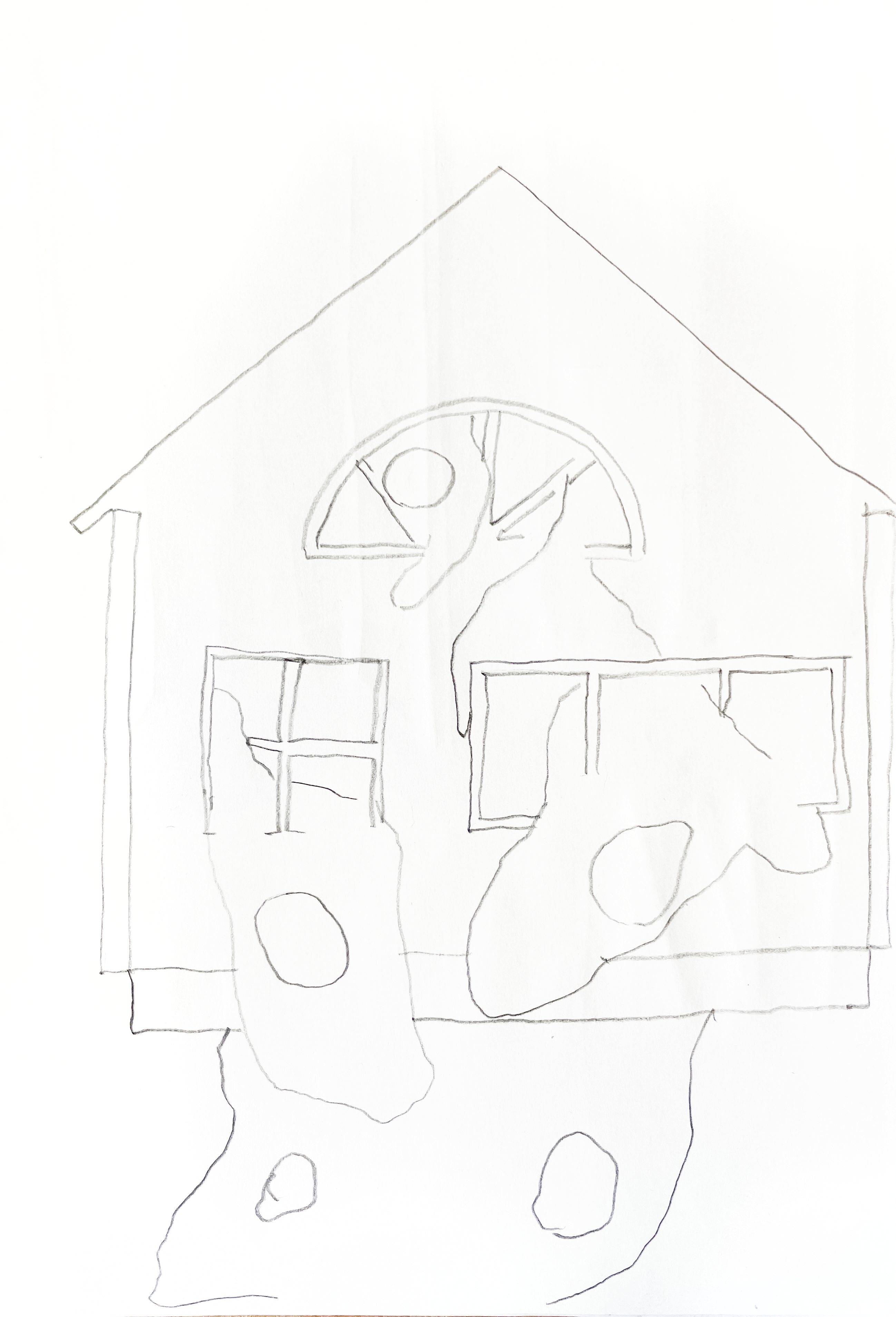 pencil drawing of the front of a house with huge fried eggs seeping out