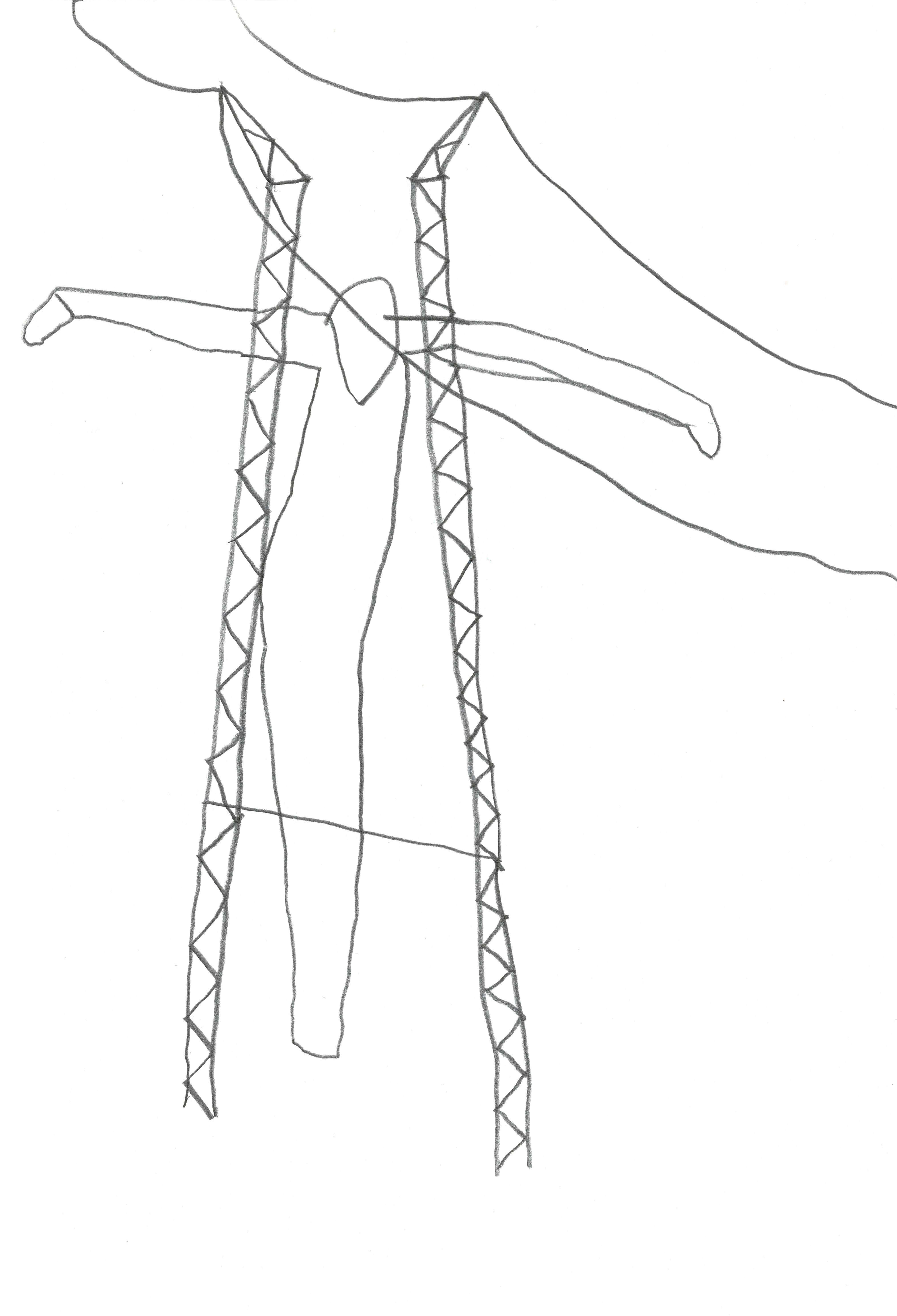 pencil drawing of a figure hanging like christ on an electric wire support