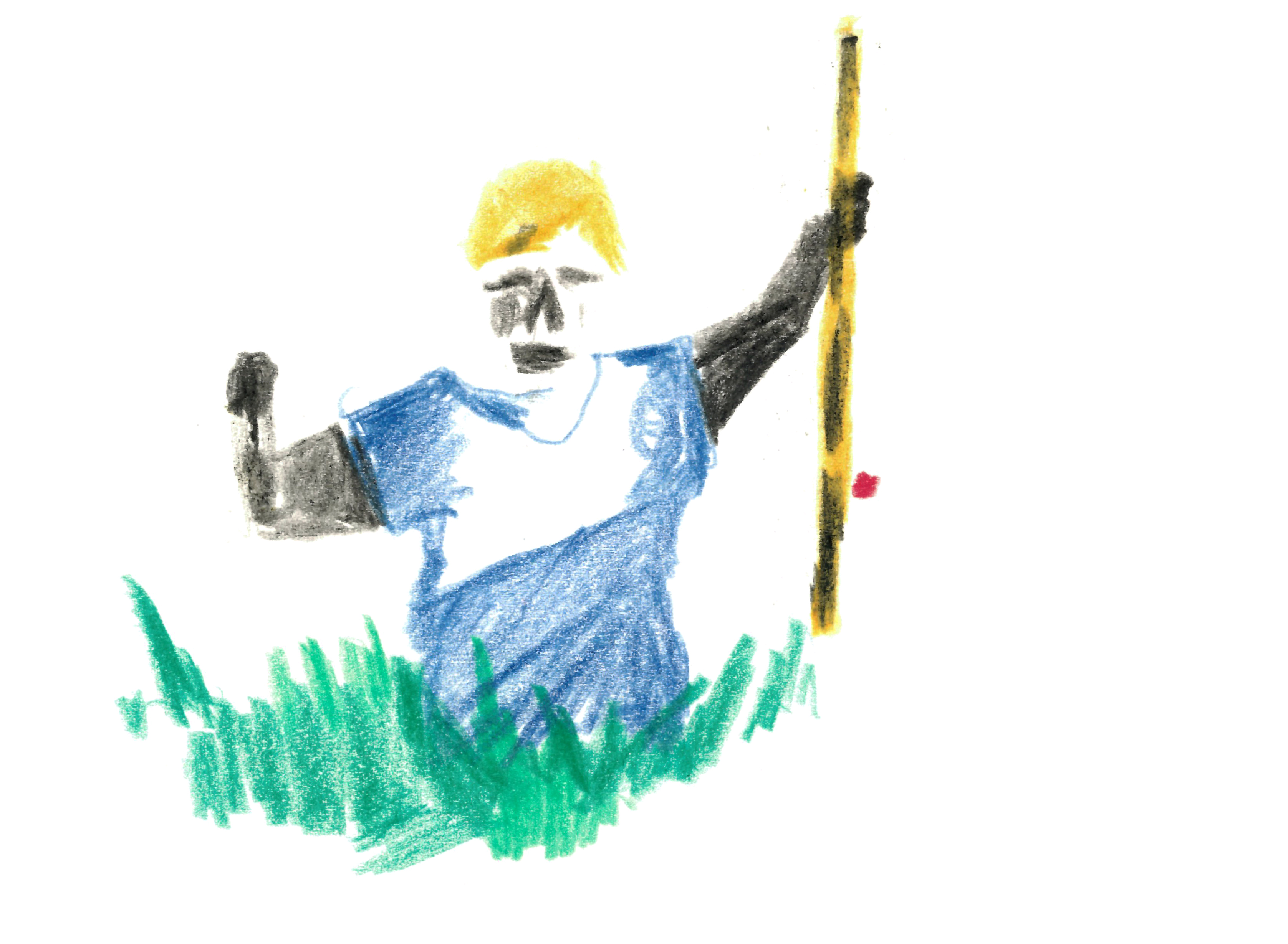 colored pencil drawing of a young boy with blond hair behind some tall grass, holding up a small fish in his right hand a fishing rod in his left