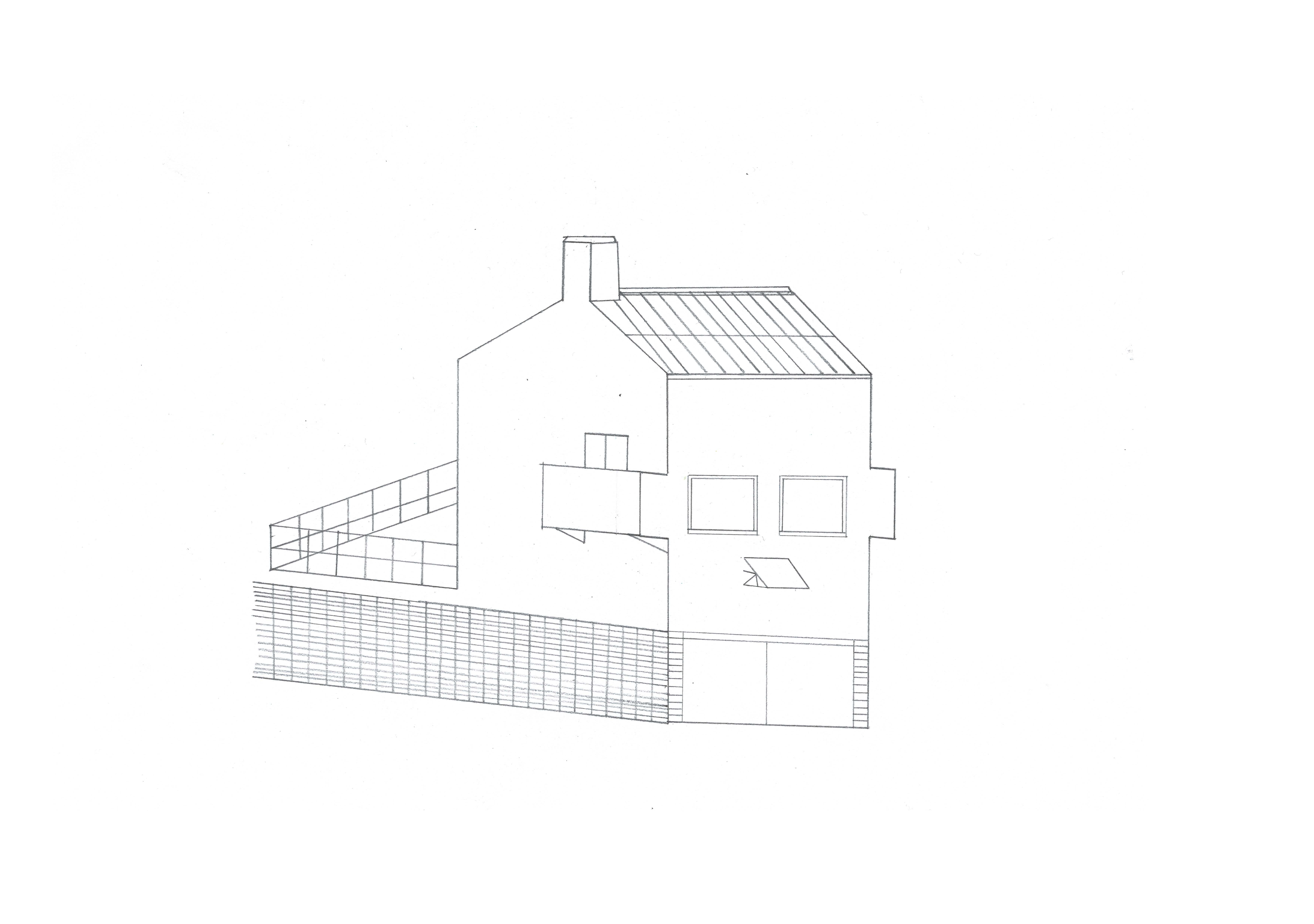 pencil drawing of a house with a facade like a face with two windows for eyes, an awning for a nose, and a garage for a mouth with a chimney and pitched roof