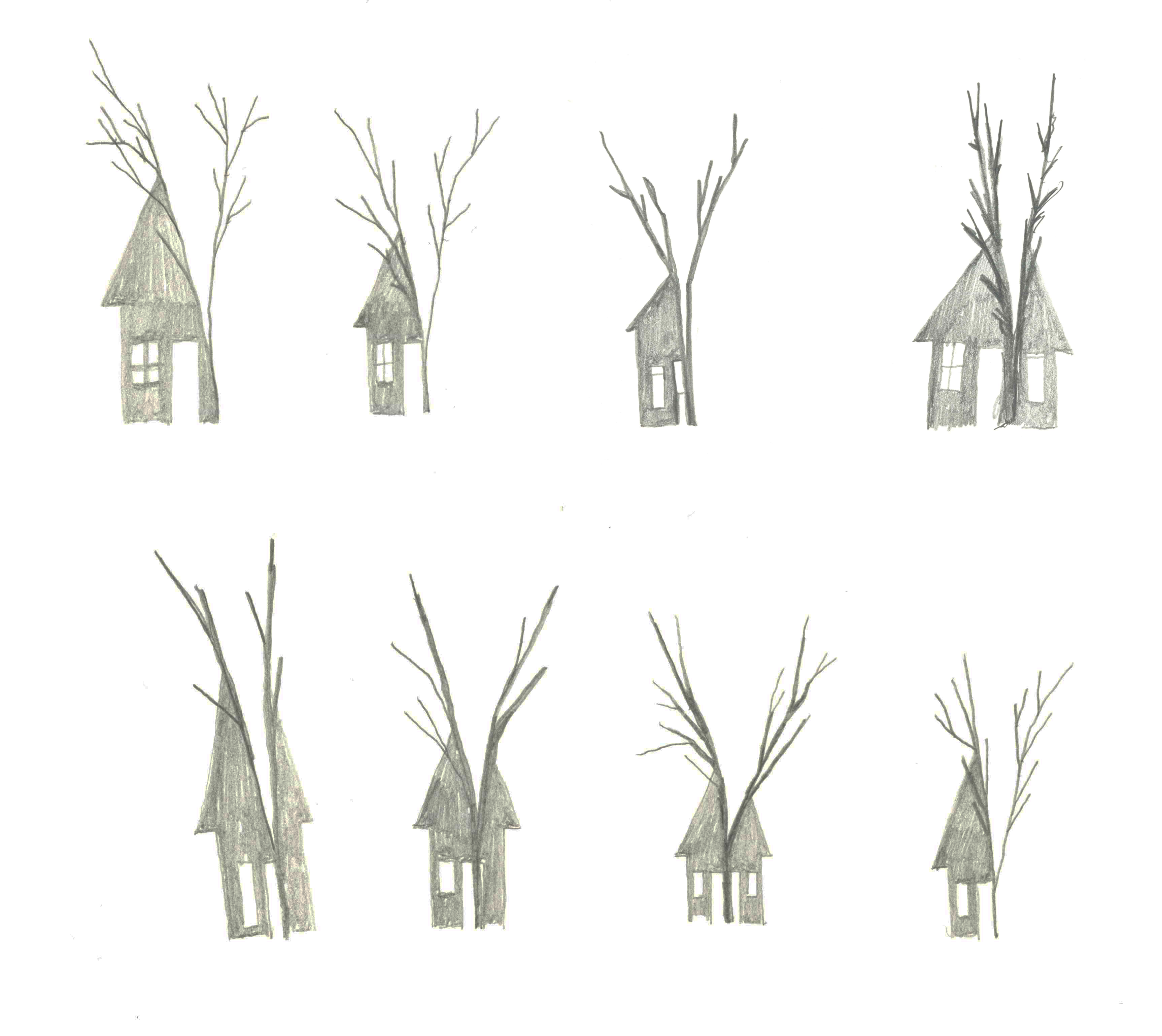 eight pencil drawings of houses split by tree trunks