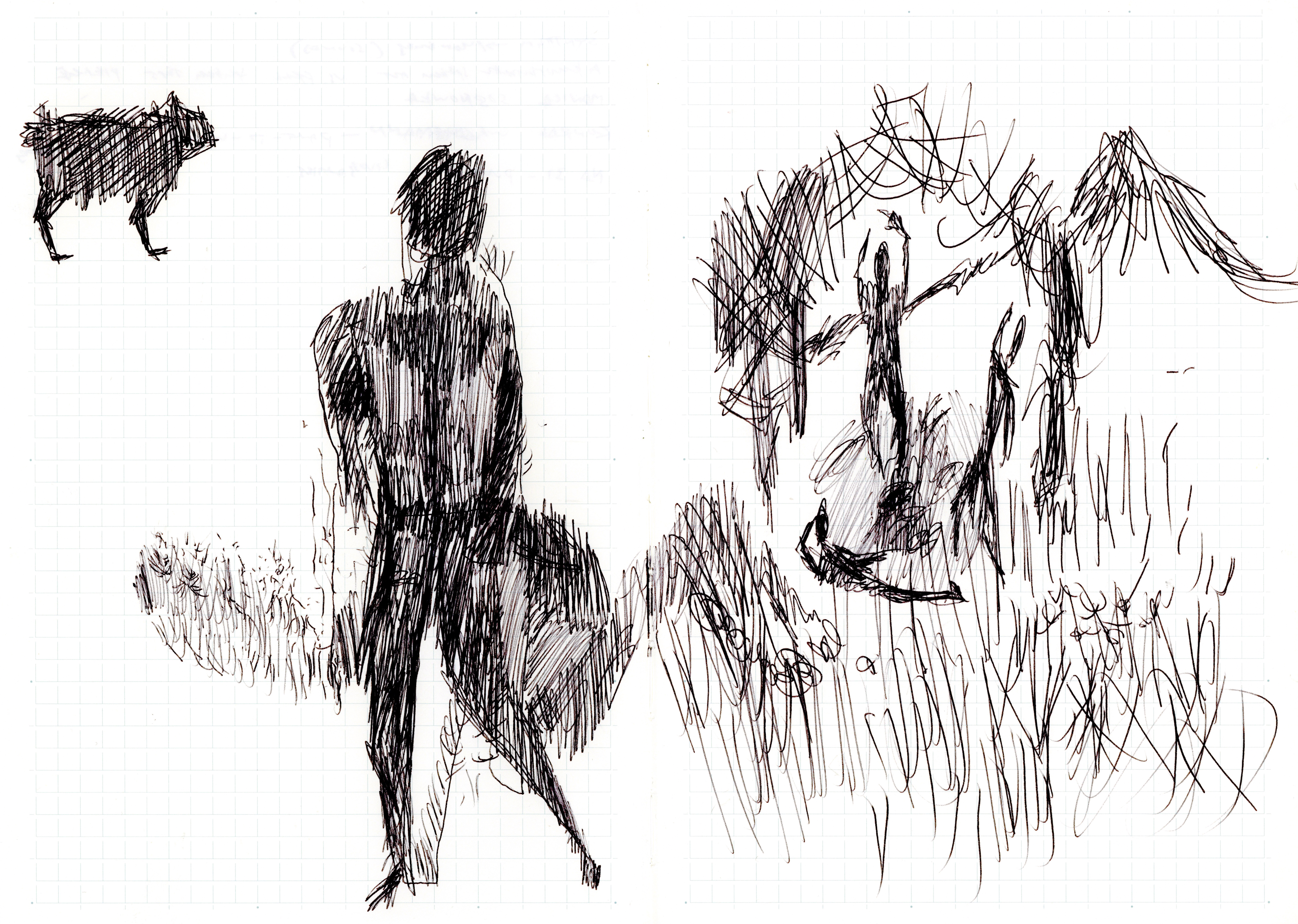 ballpoint pen drawing of a figure walking left, a group of other figures gather under a canopy to the right and a lamb sits in the upper left