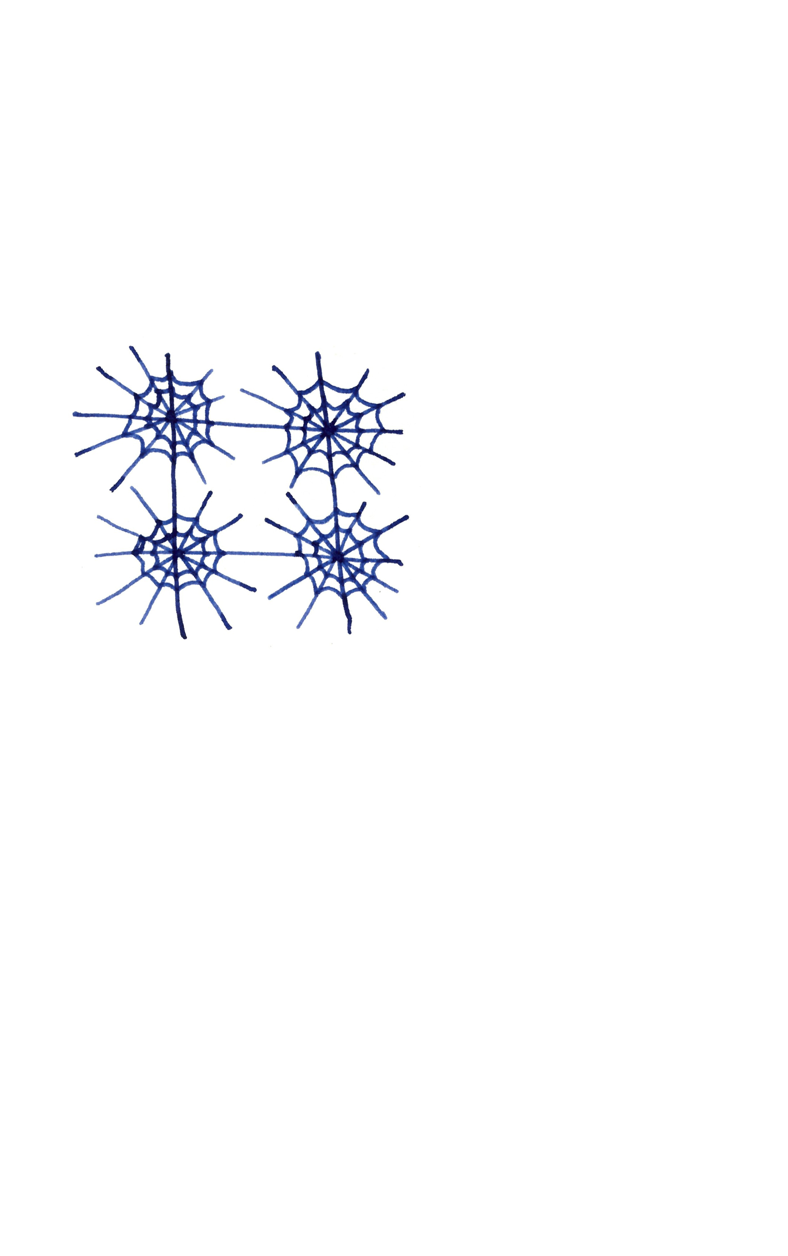 pen drawing in blue of four spiderwebs all connected in a square