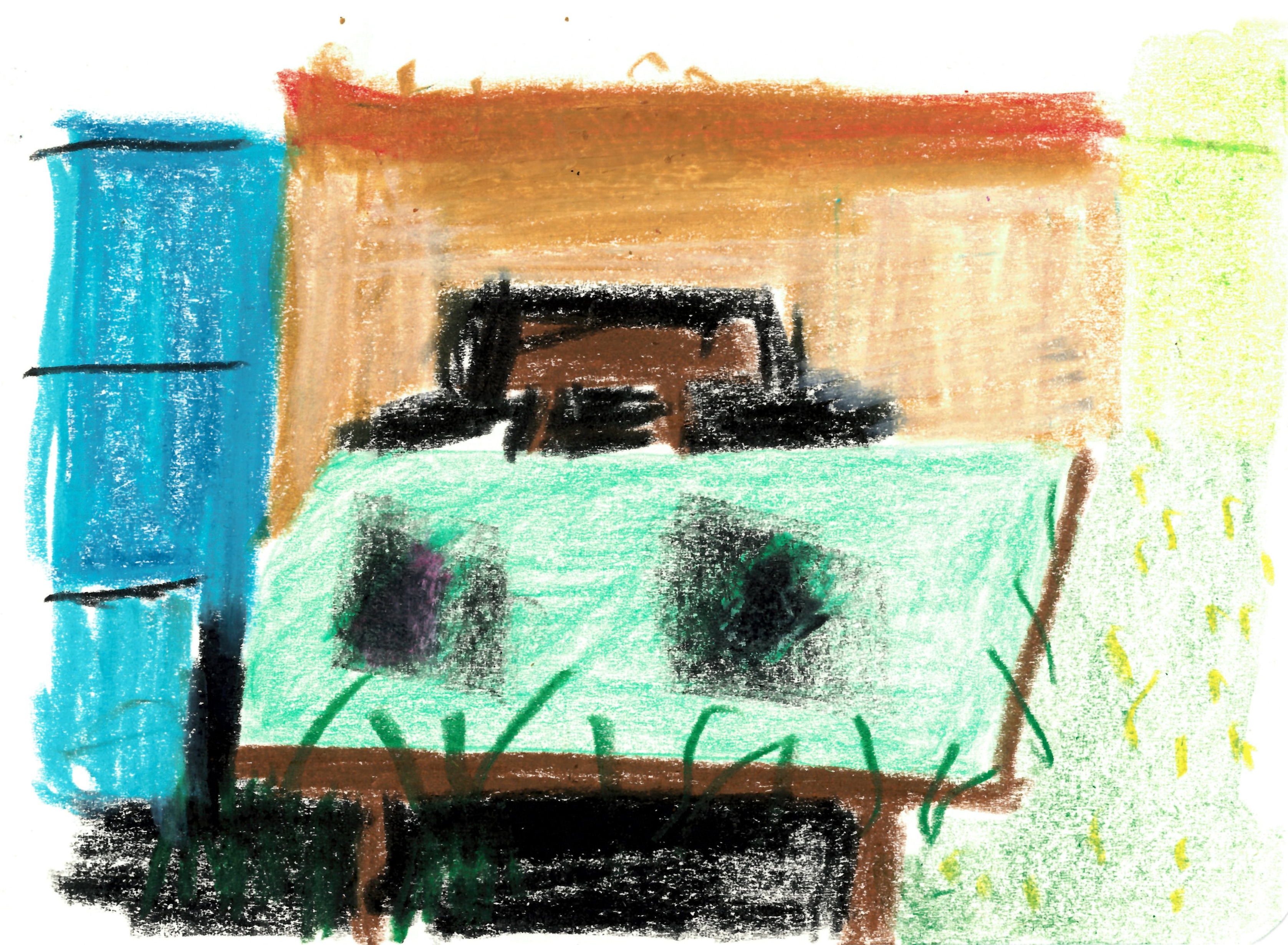 colored pencil drawing of a turquoise colored table with a blue shelf adjacent, one chair behind it, and a grassy section below