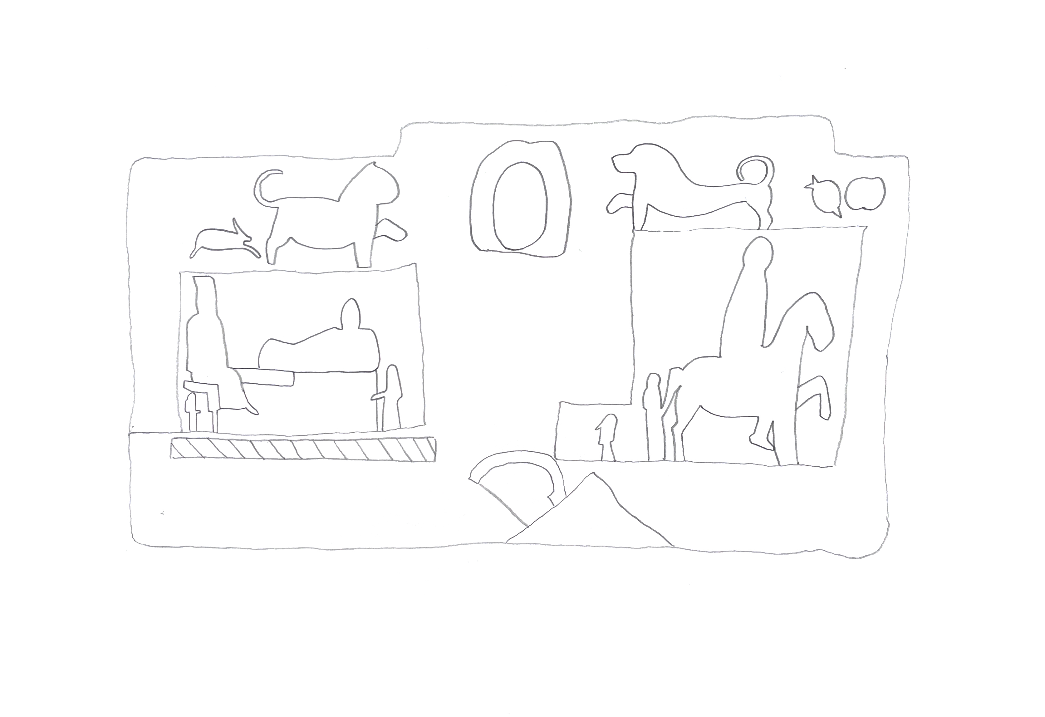 pencil drawing of funerary relief, with lions, faces, and people all in outline