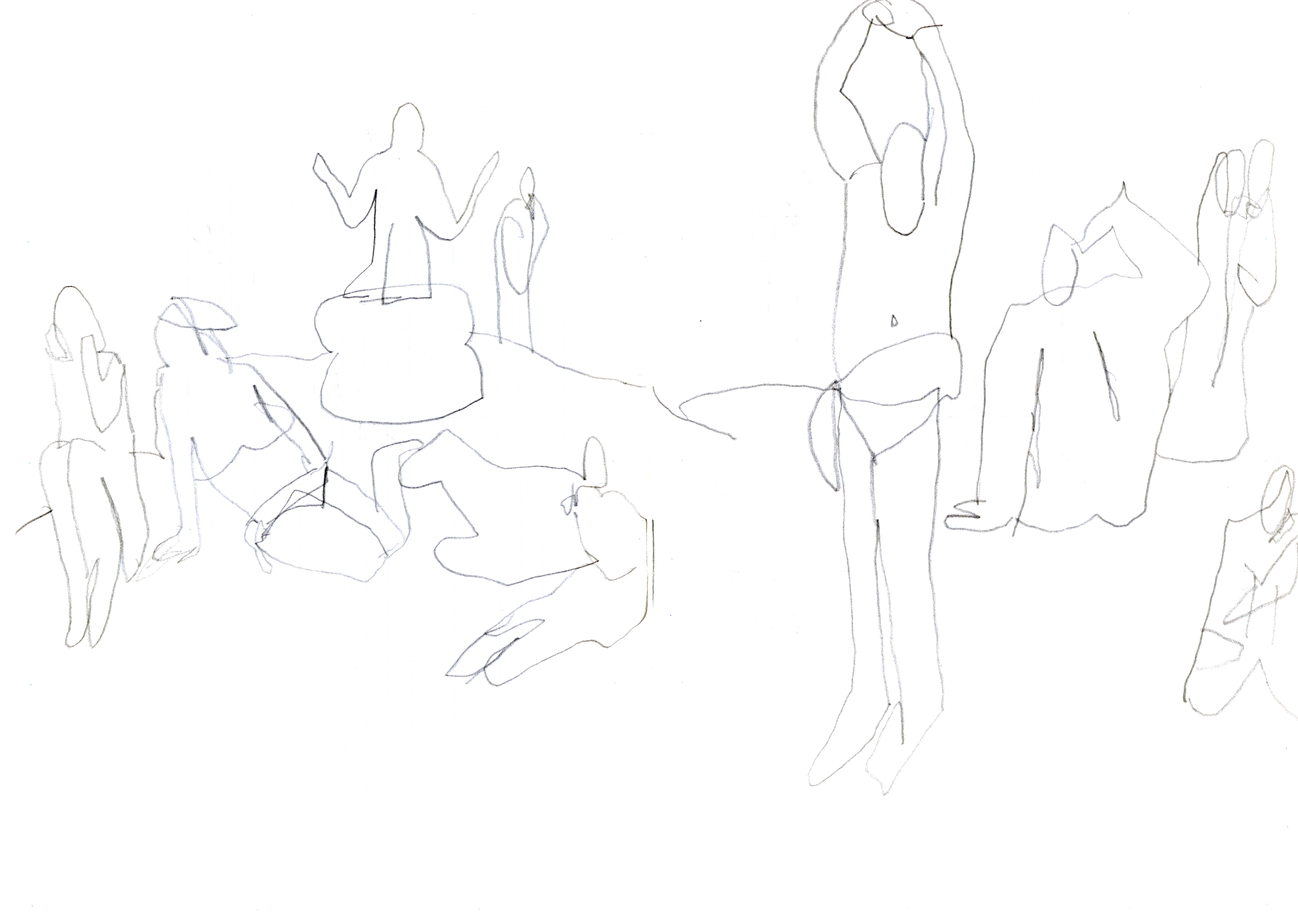 pencil drawing of figures across a horizontal landscape, some standing some sitting