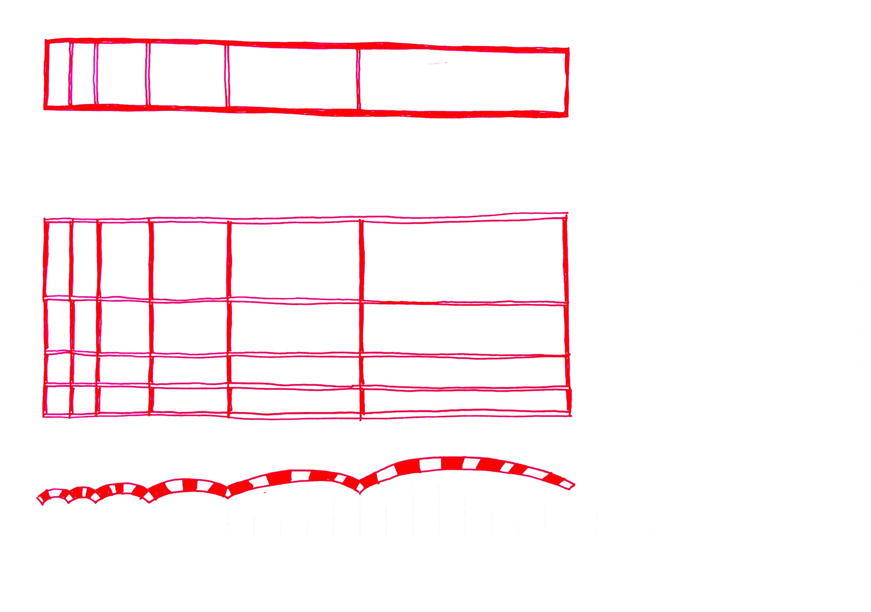 three drawings in red marker, two grids and one small series of arches