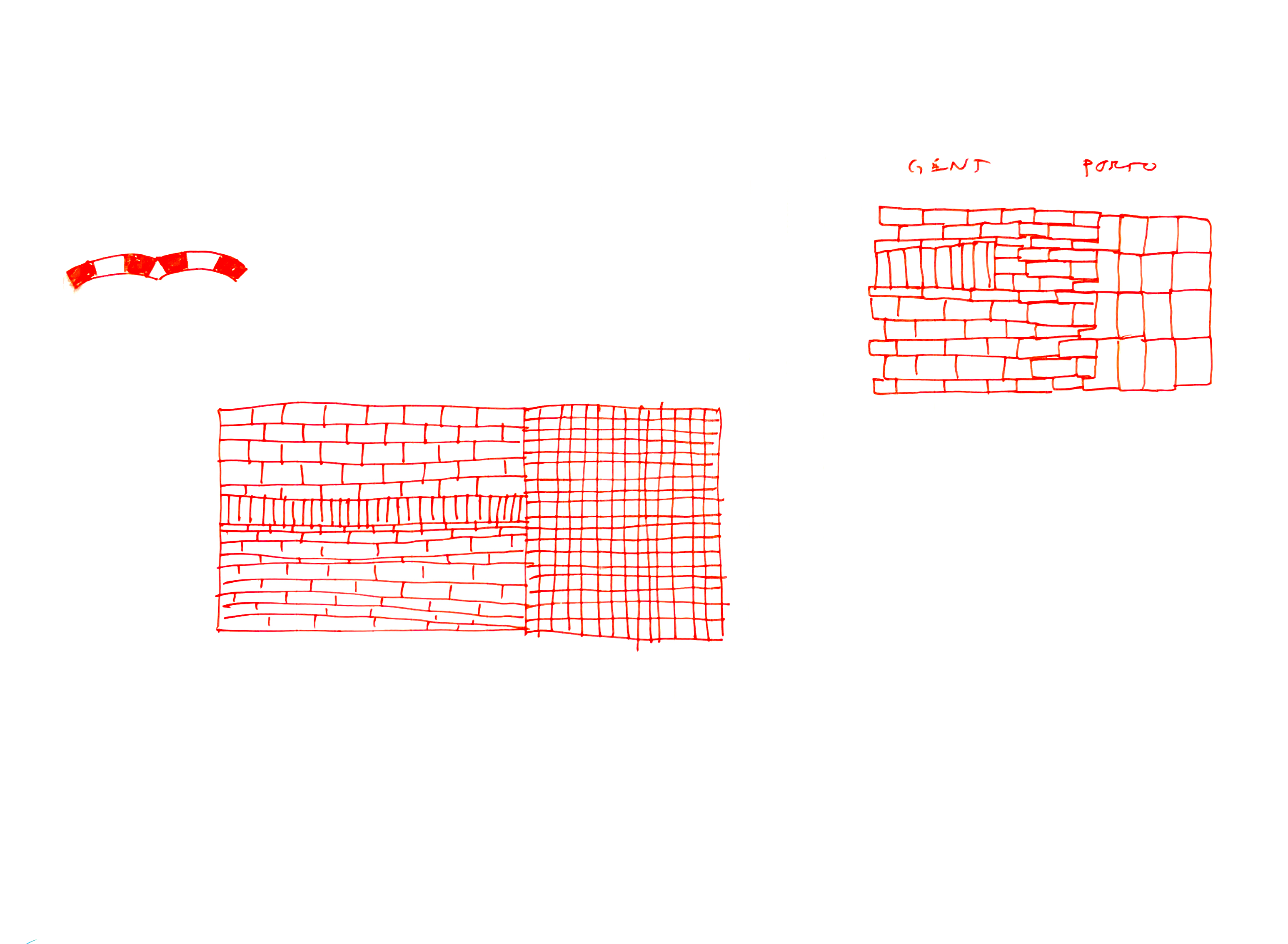 three drawings in red marker, one small arch sequence and drawings of brick walls
