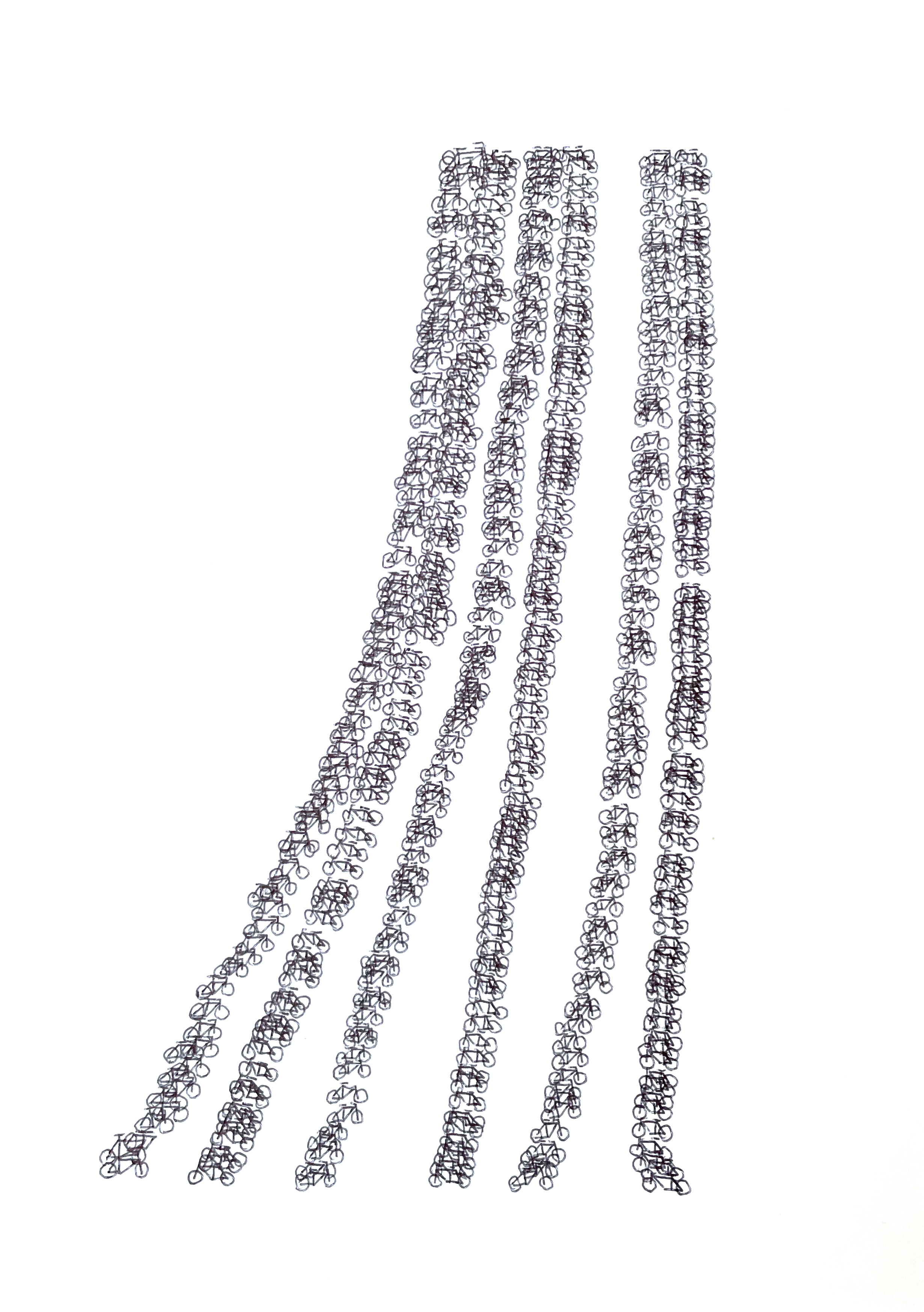 hundreds of small drawn bicycles are overlapped and lined in vertical stacks up the composition
