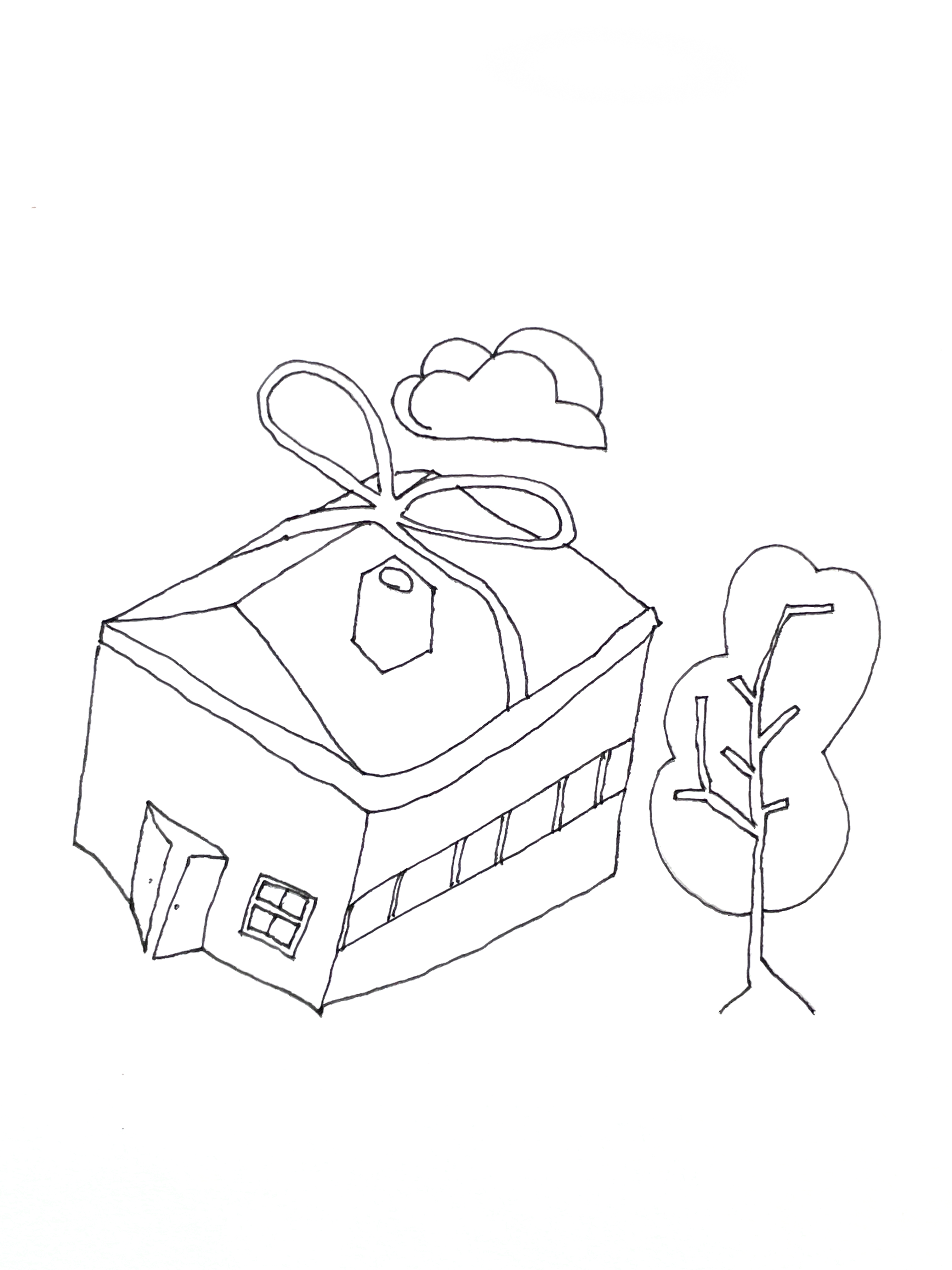 pen drawing of a house with a ribbon tied around it next to a small tree