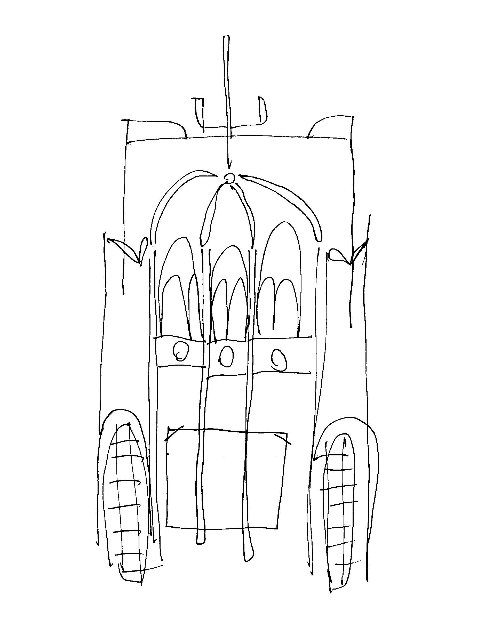 pen drawing of a gothic cathedral on wheels