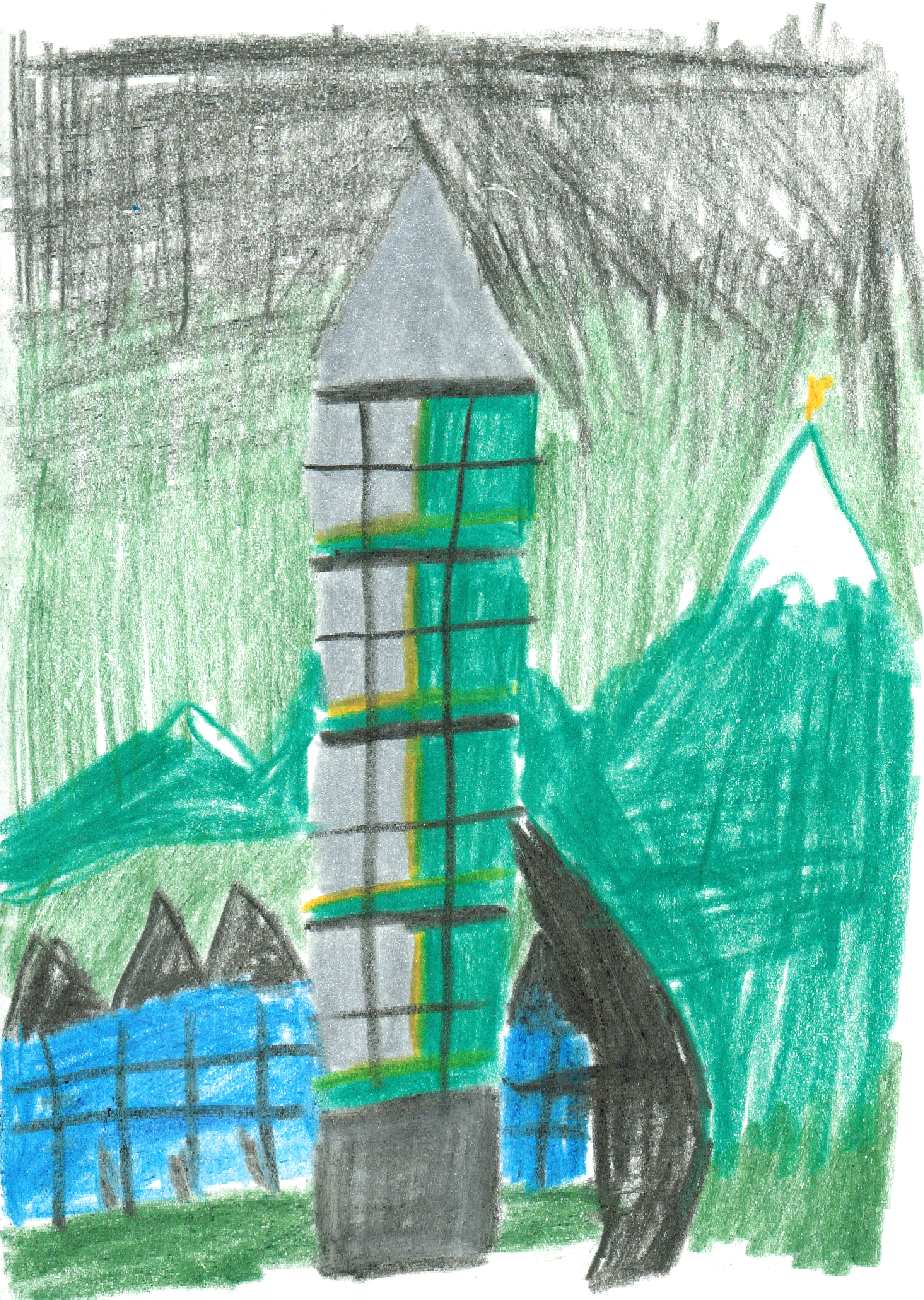 colored pencil drawing of a central tower standing in front of a mountain and a small town behind