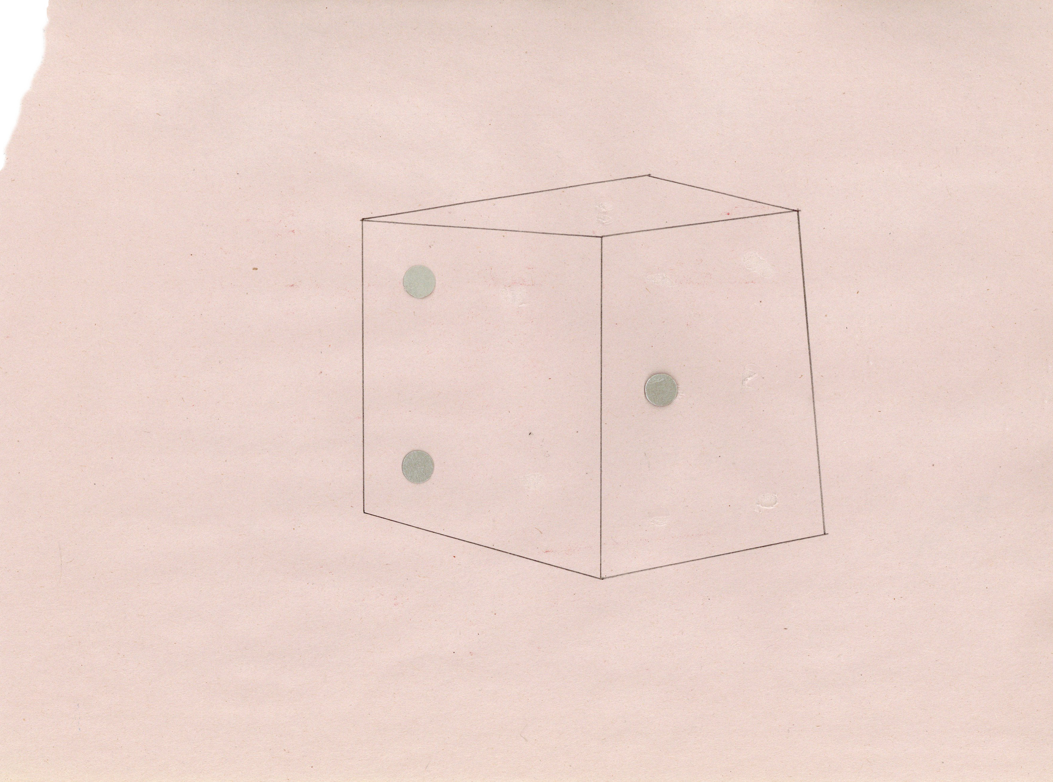 a pencil drawing of a six-sided die on newsprint paper, with a few silver circle dots