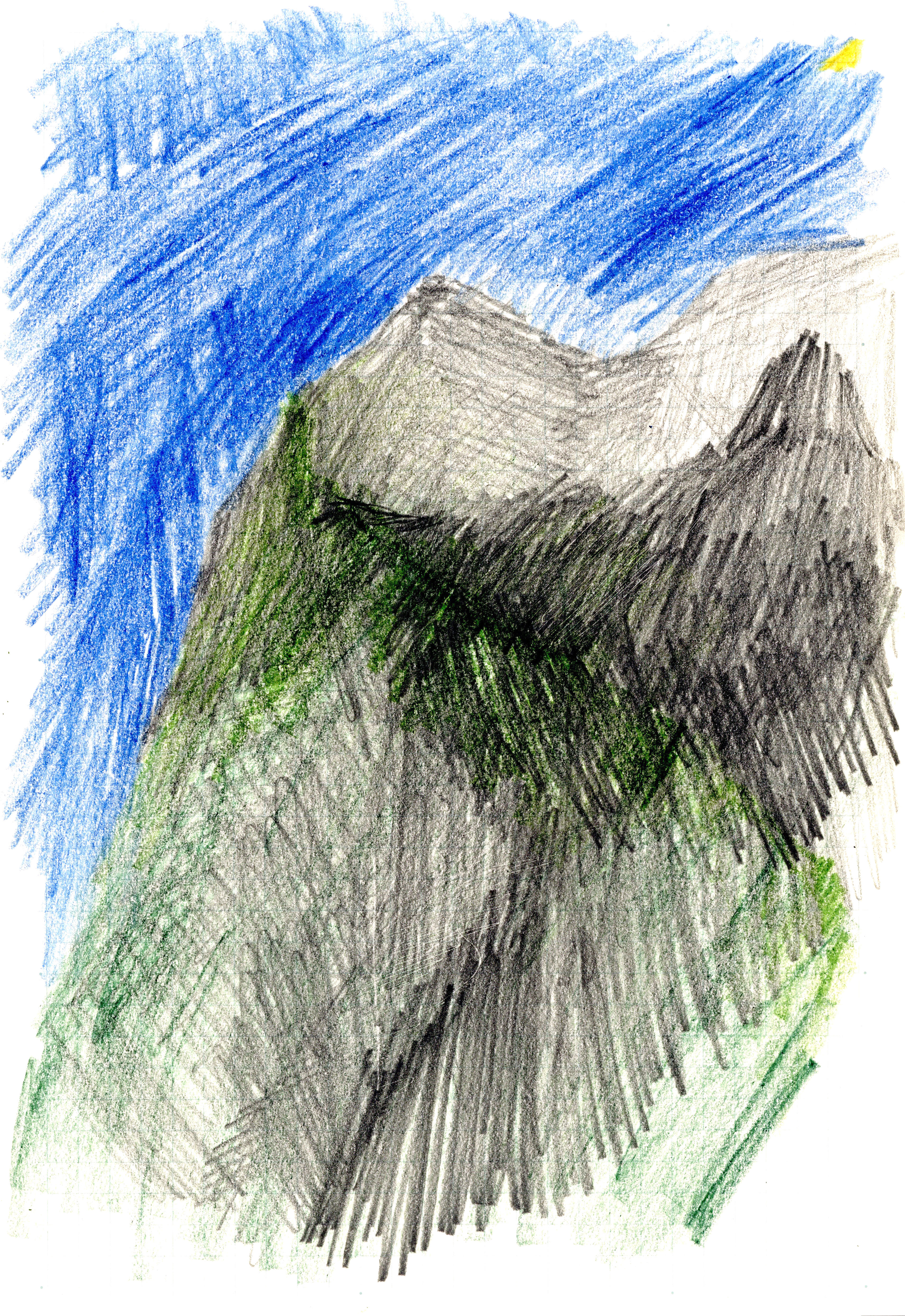 blue sky in the background of a mountain drawn with grey and green