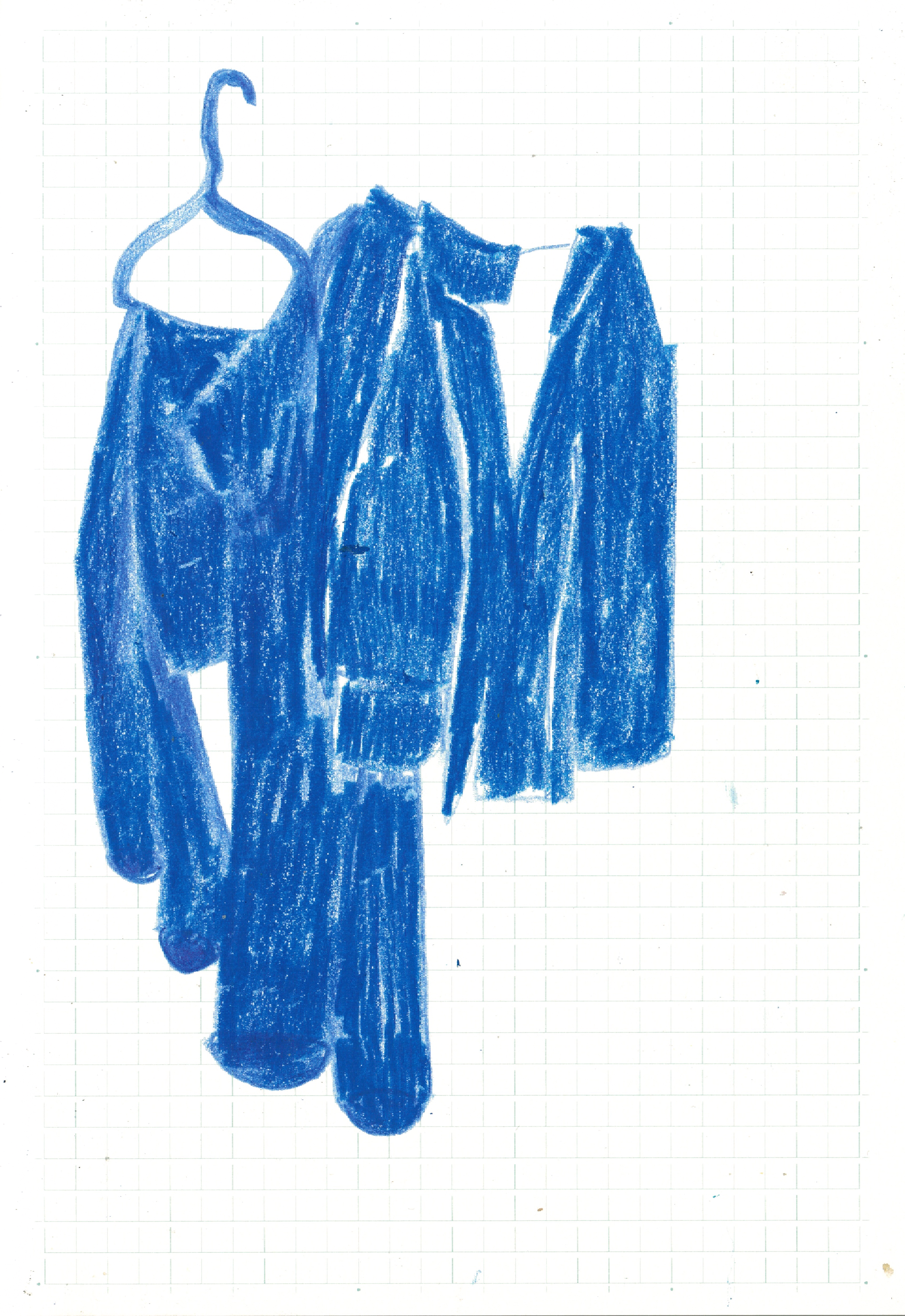 drawing with blue colored pencils of hanging clothes and a clotheshanger